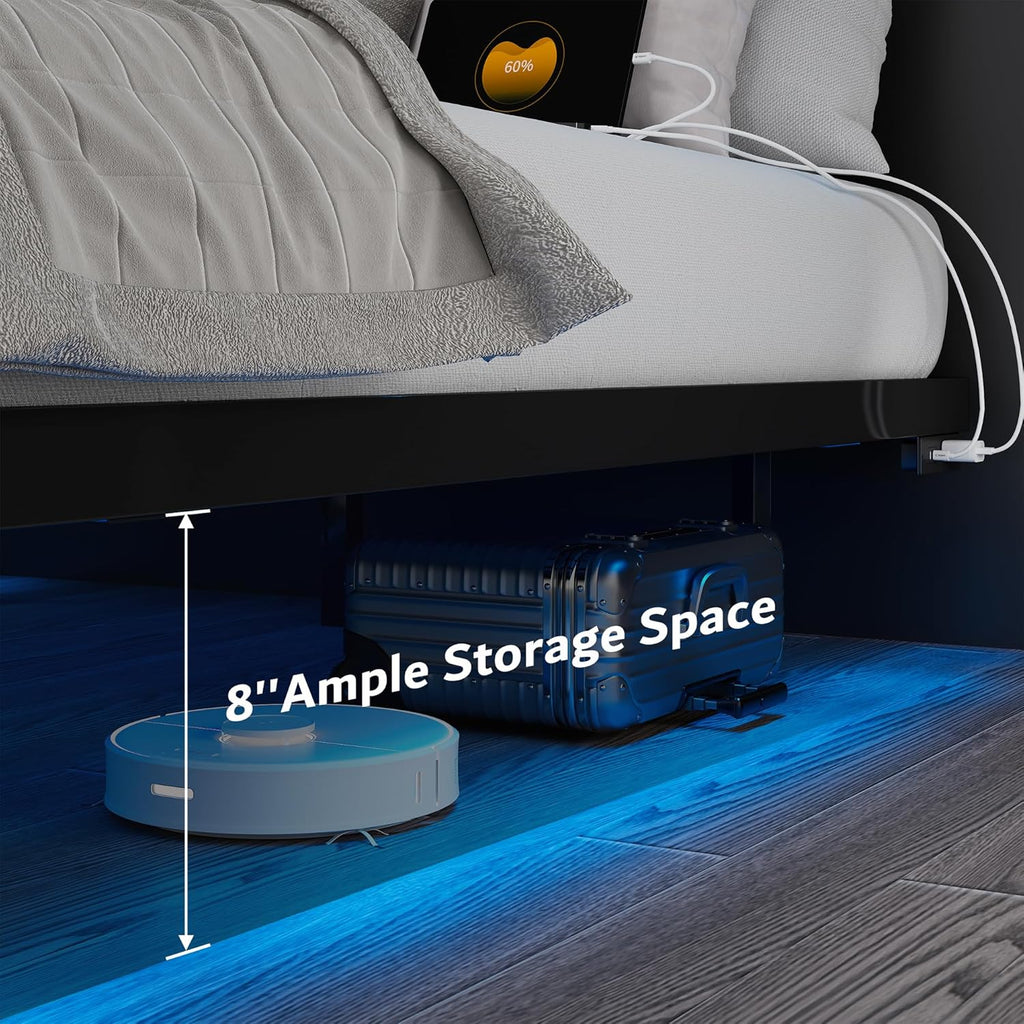 iPormis Full Size Floating Bed Frame with Charging Station and Led Light, Platform Metal Bed Frame with Heavy Duty Steel Slats Support, No Box Spring Needed, Noise-Free, Easy Assembly, Black