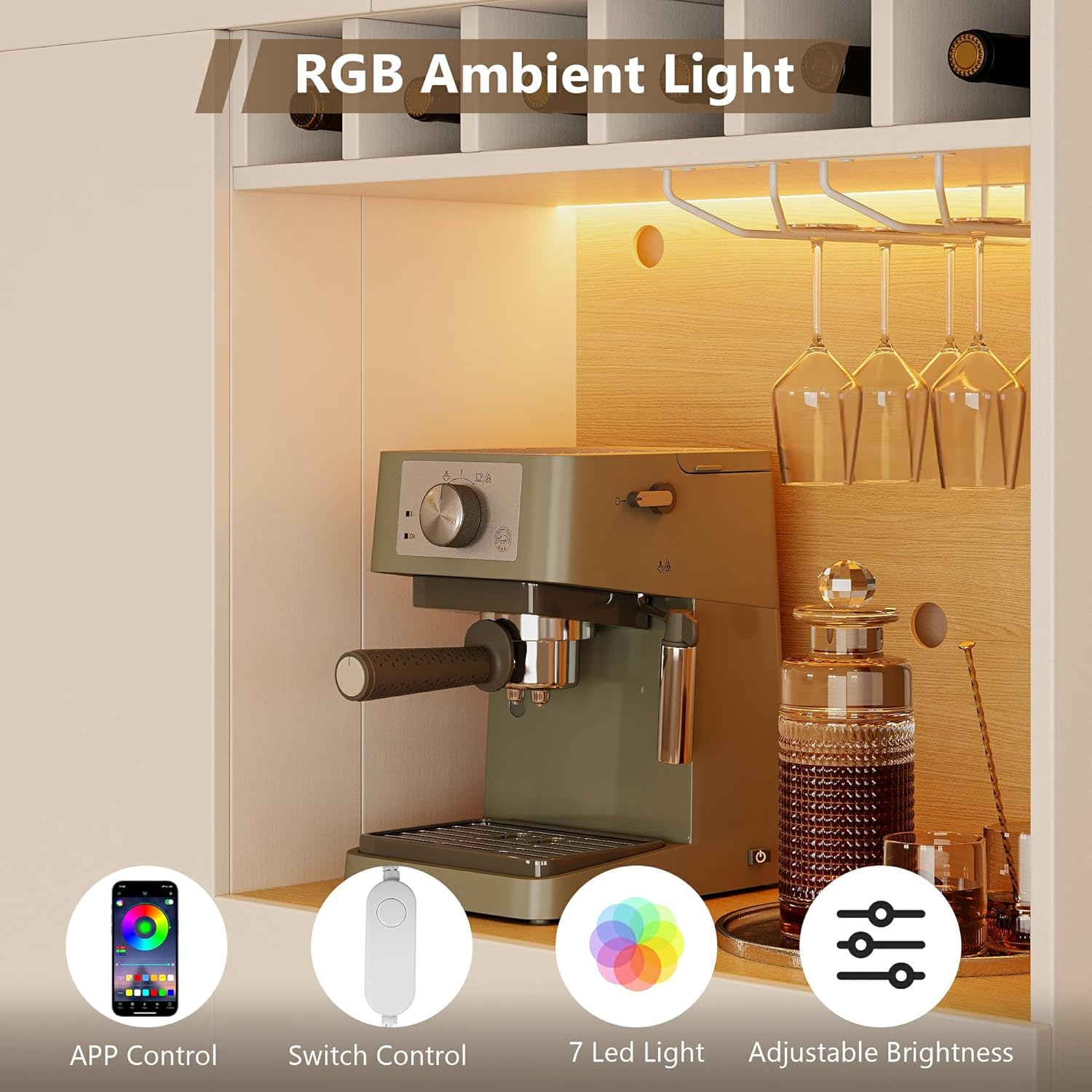 Ipromis 69" tall kitchen pantry cabinet with LED lights, microwave stand, wine rack, and hutch with door shelves.