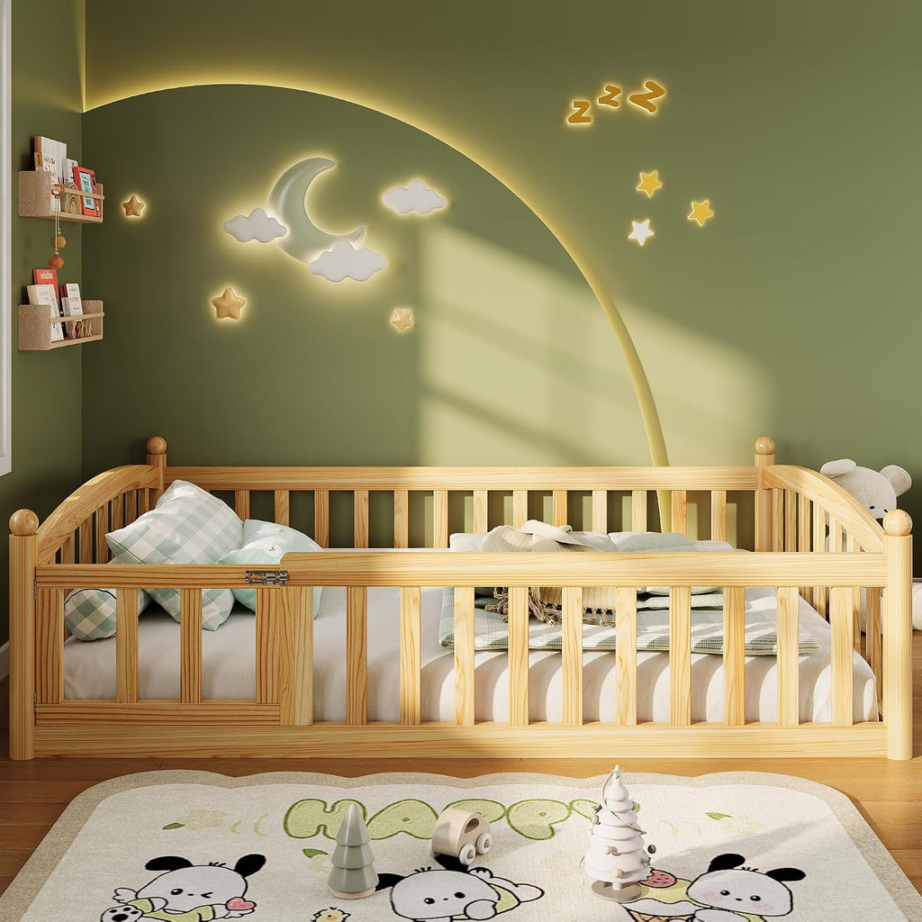 iPormis Twin Floor Bed with High Rails, Montessori Bed Frame with Wood Slats and Door, Montessori Floor Bed Twin for Kids, Girls, Boys, Easy Assembly, Natural