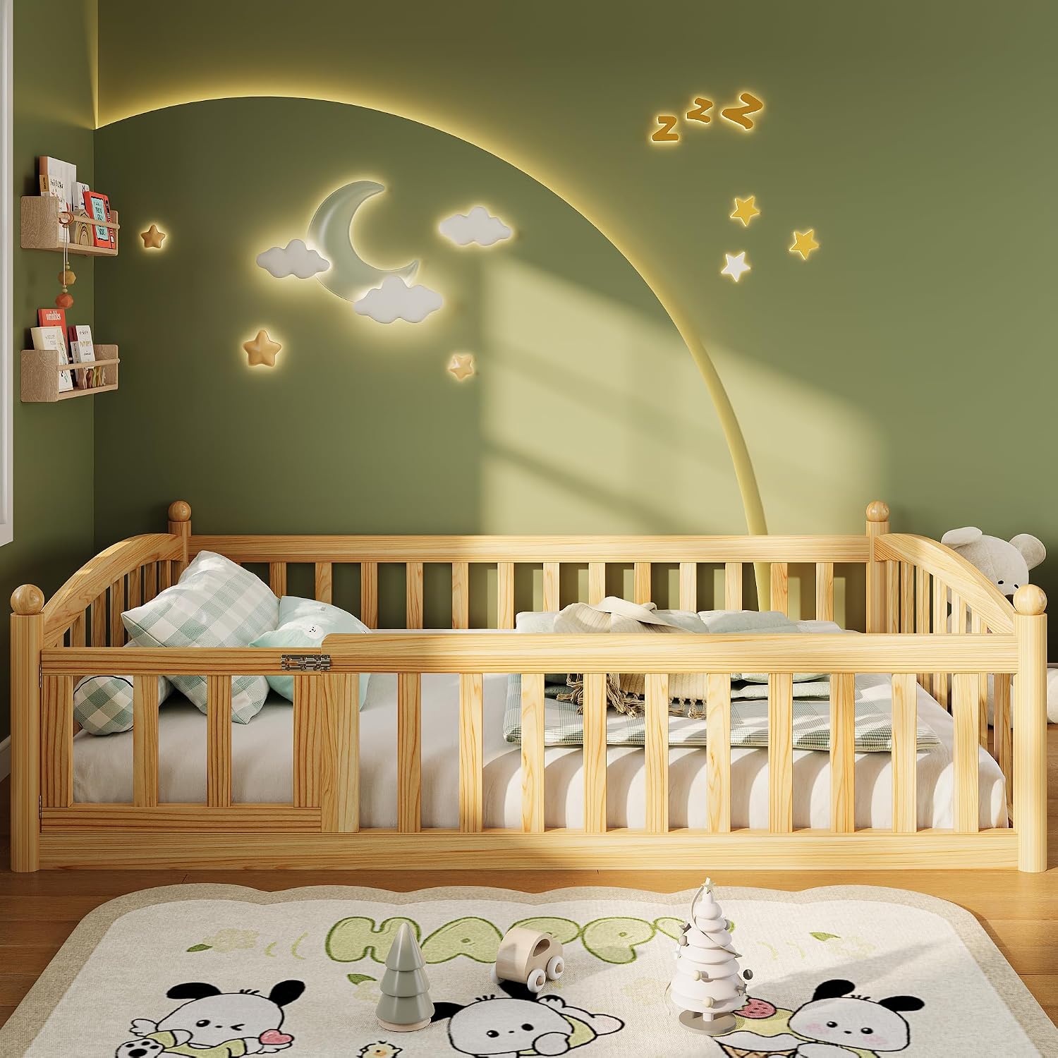 iPormis Twin Floor Bed with High Rails, Montessori Bed Frame with Wood Slats and Door, Montessori Floor Bed Twin for Kids, Girls, Boys, Easy Assembly, Natural