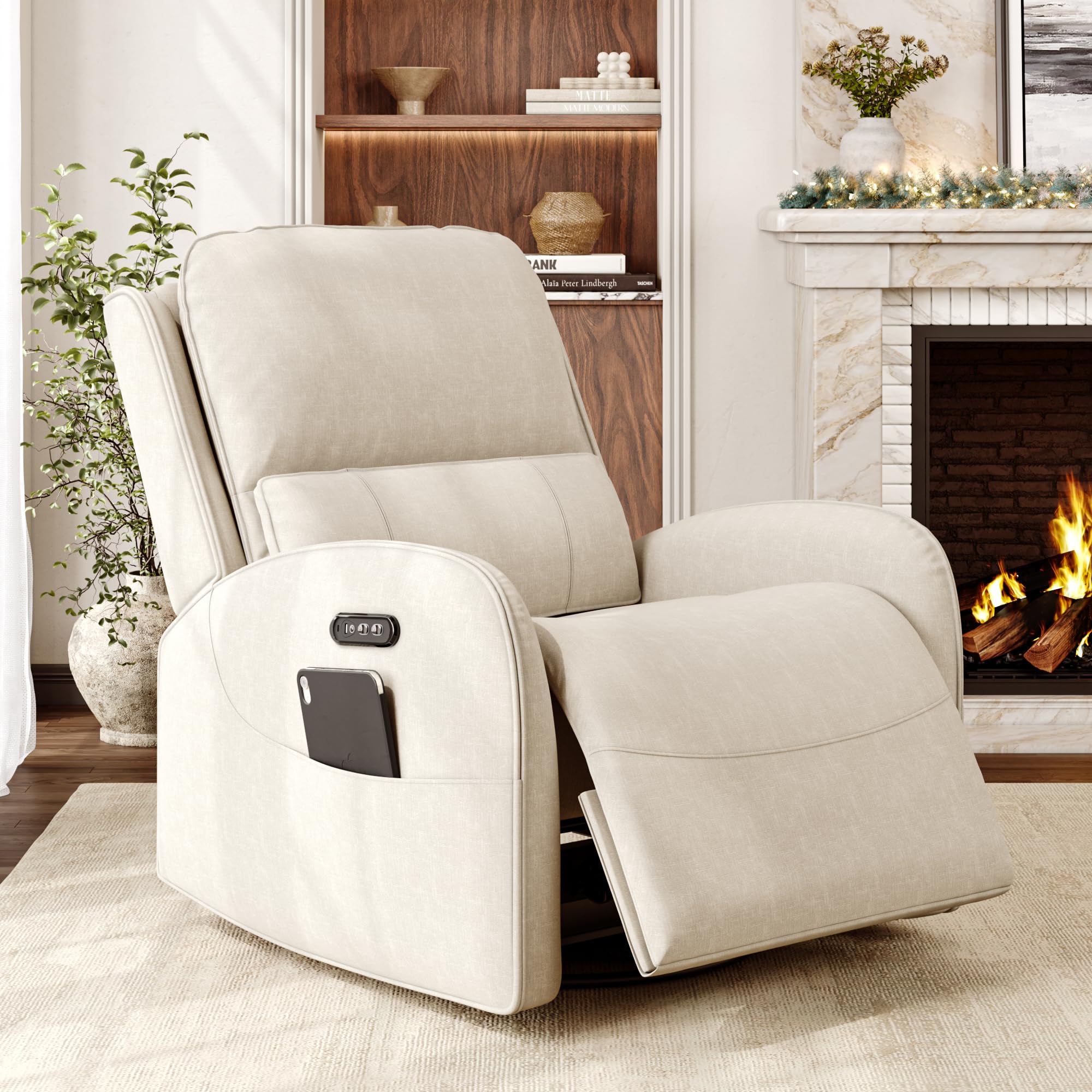 iPormis Power Recliner Chair, Leather Electric Swivel Rocker Recliner Chair with Power Headrest/Lumbar Support/Charging Ports for Adults, Recliner Single Sofa Chair for Living Room/Bedroom, Brown