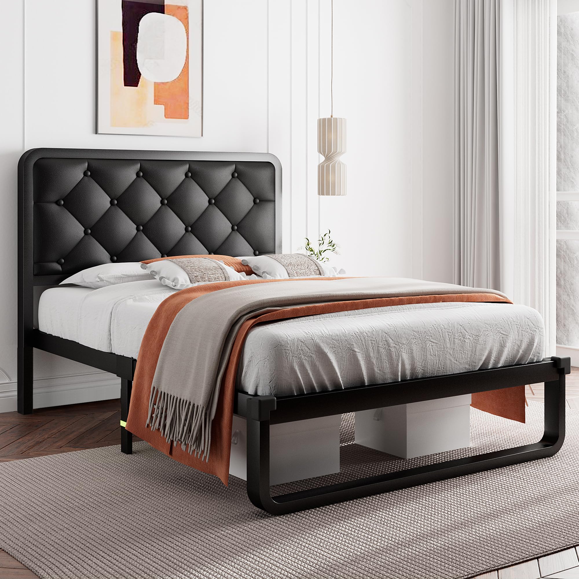iPormis Queen Bed Frame with Headboard Faux Leather Upholstered Bed Frame Platform, All Metal Slats Support Platform Bed Frame with 12" Under Bed Space, Noise Free, No Box Spring Needed, Black