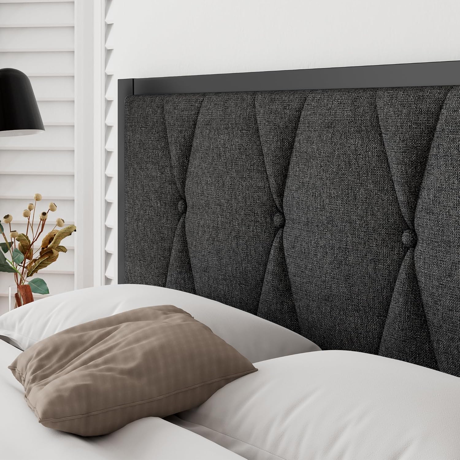 iPormis Queen Metal Bed Frame, Linen Button Tufted Headboard Platform Bed, Heavy Duty Slats Support, 12" Under Bed Storage, No Box Spring Needed, Easy Assembly, Dark Gray