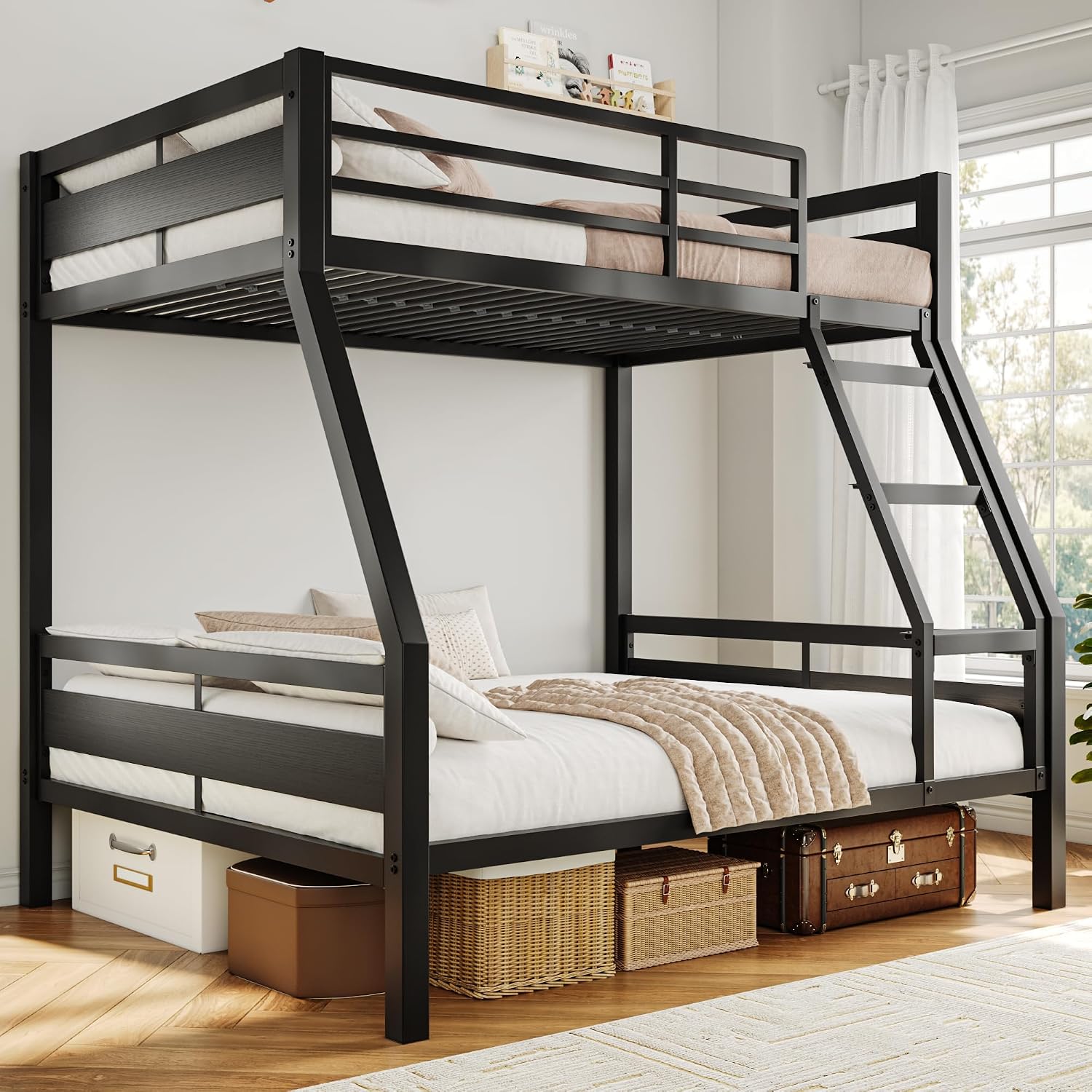 iPormis Metal Bunk Bed Twin Over Full, Heavy Duty Bunk with High Guardrail and Safety Entrance Design, Under-Bed Storage Space, Easy Assembly, Noise Free, Black