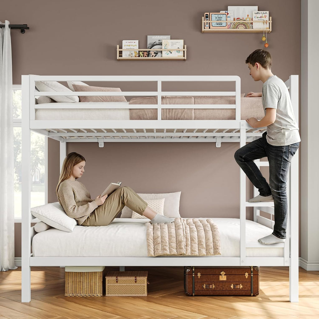 iPormis Metal Bunk Bed Full Over Full, Heavy Duty Bunk with High Guardrail and Safety Entrance Design, Under-Bed Storage Space, Easy Assembly, Noise Free, White