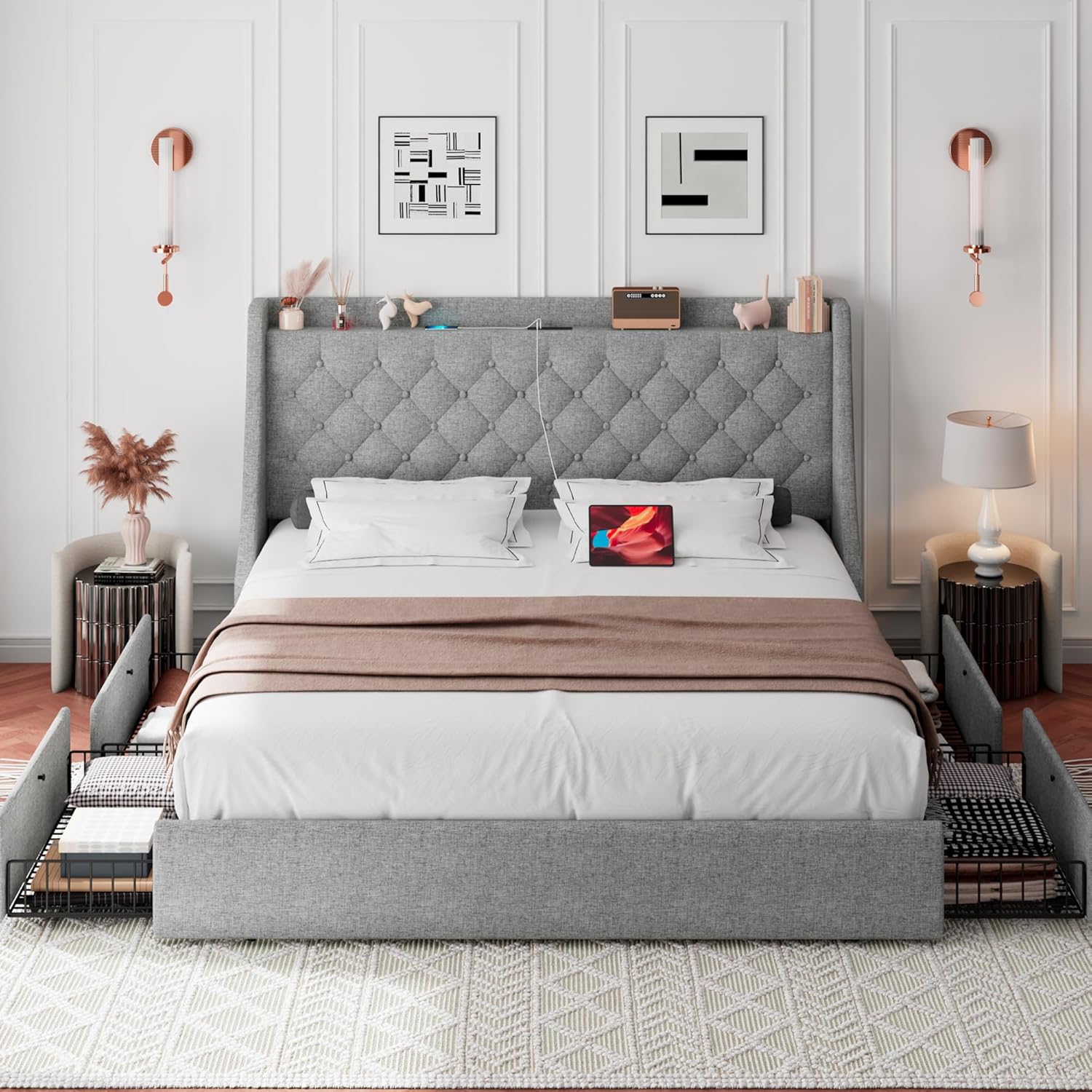 iPormis Queen Bed Frame with 4 Storage Drawers, Upholstered Platform Bed Frame with Type-C & USB Ports, Wingback Storage Headboard, Solid Wood Slats, No Box Spring Needed, Light Gray