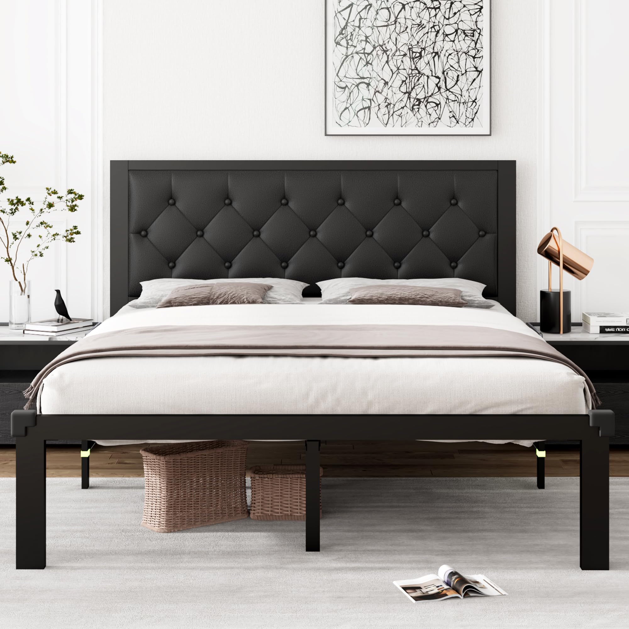 iPormis Twin Size Metal Bed Frame, Faux Leather Platform Bed Frame with Button Tufted Headboard, 12" Underbed Space, Steel Slats Support, Easy Assembly, No Box Spring Needed, Black