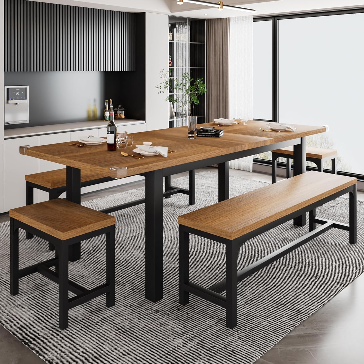 Extendable iPormis dining table set with 2 benches and 2 square stools, designed for 4-8 people in a modern kitchen.