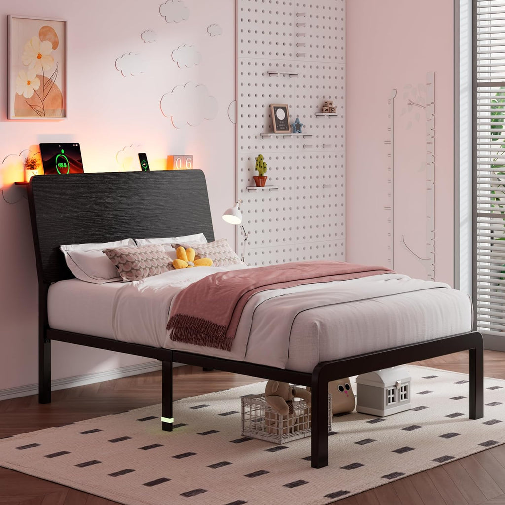 iPormis Metal Twin Bed with Ergonomic Wooden Headboard, Platform Beds with LED Lights and Charging Station, Sturdy Steel Slats Supports, No Box Spring Needed, Noise-Free, Easy Assembly, Black