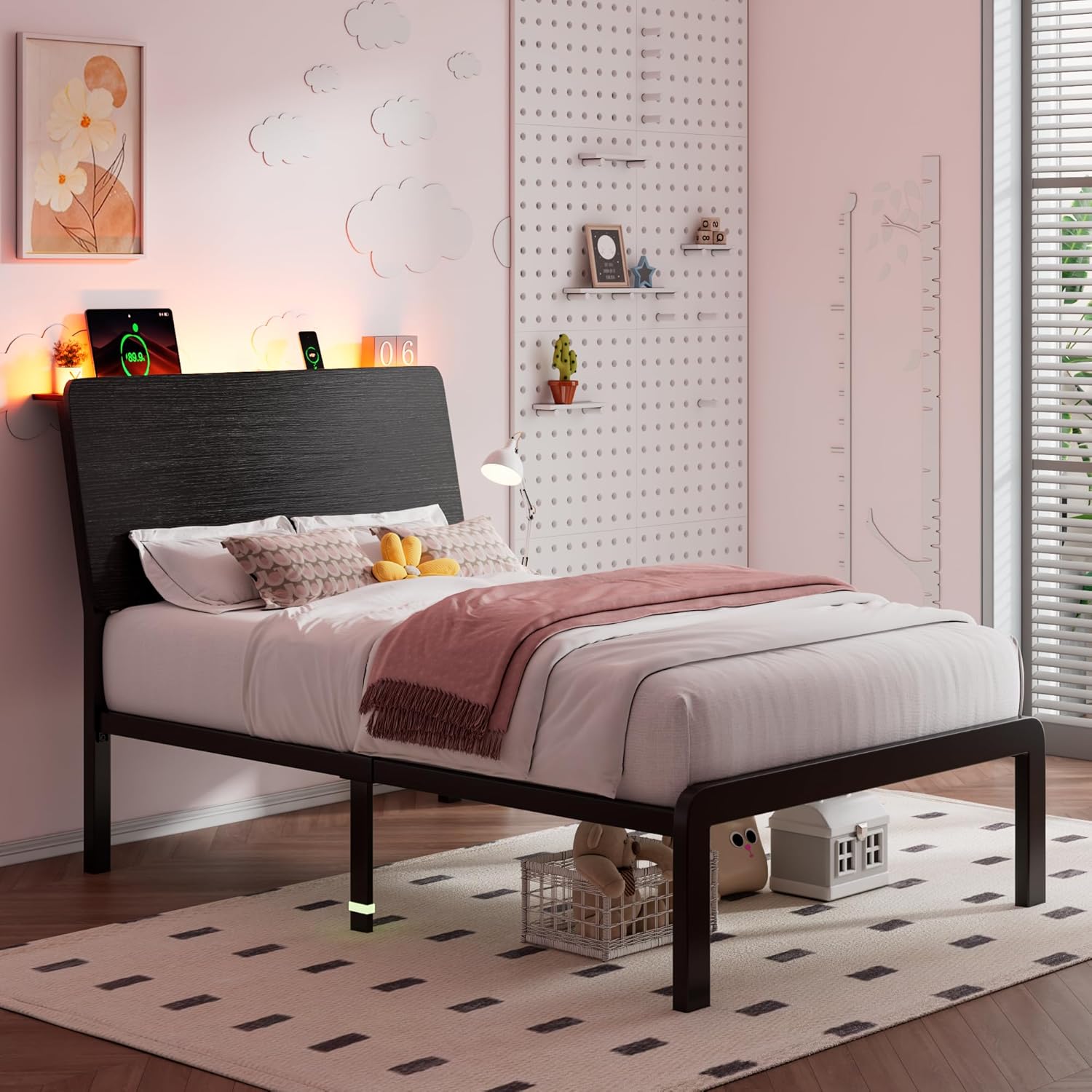 iPormis Metal Twin Bed with Ergonomic Wooden Headboard, Platform Beds with LED Lights and Charging Station, Sturdy Steel Slats Supports, No Box Spring Needed, Noise-Free, Easy Assembly, Black