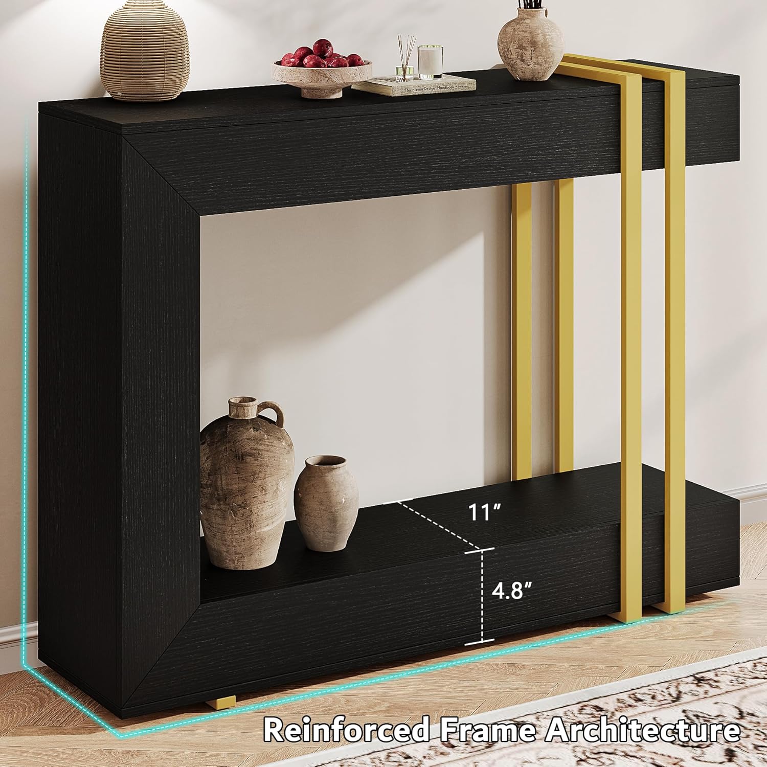 iPormis 42.5-Inch Console Table for Entryway, 2-Tier Sofa Table Behind Couch, Wood Entry Table with Storage & Metal Lines Base for Living Room, Hallway, Foyer, Black