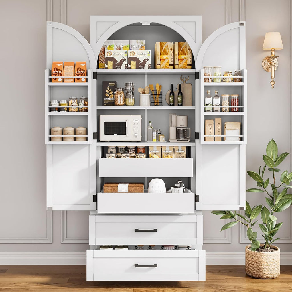 iPormis 71" Tall Kitchen Pantry Storage Cabinet w/Adjustable Shelf, Door Shelves & Large Drawers, Freestanding Kitchen Cupboard for Dining Room/Living Room, White