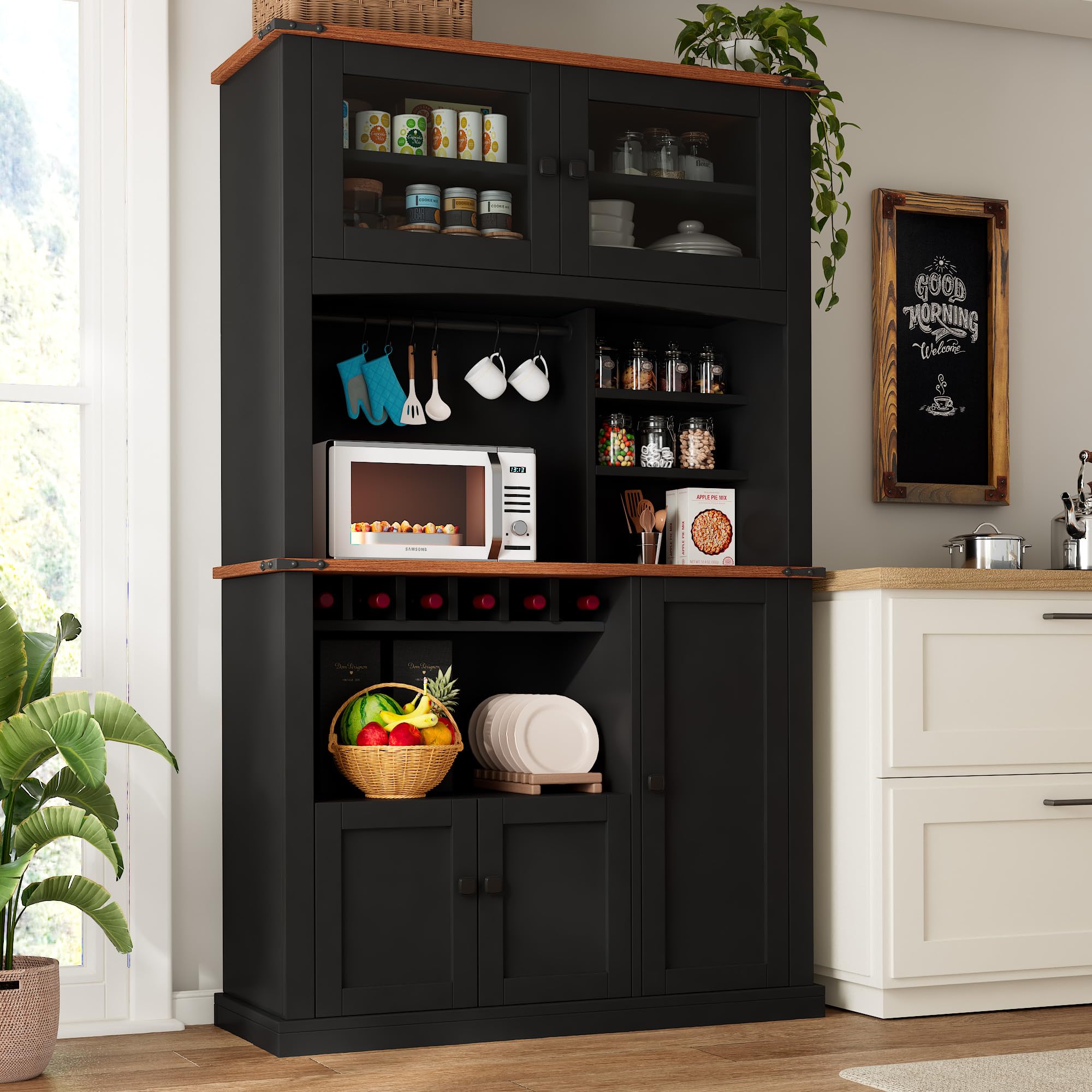 71" tall Ipromis kitchen pantry cabinet with microwave stand, wine rack, glass doors, and adjustable shelves in farmhouse style.