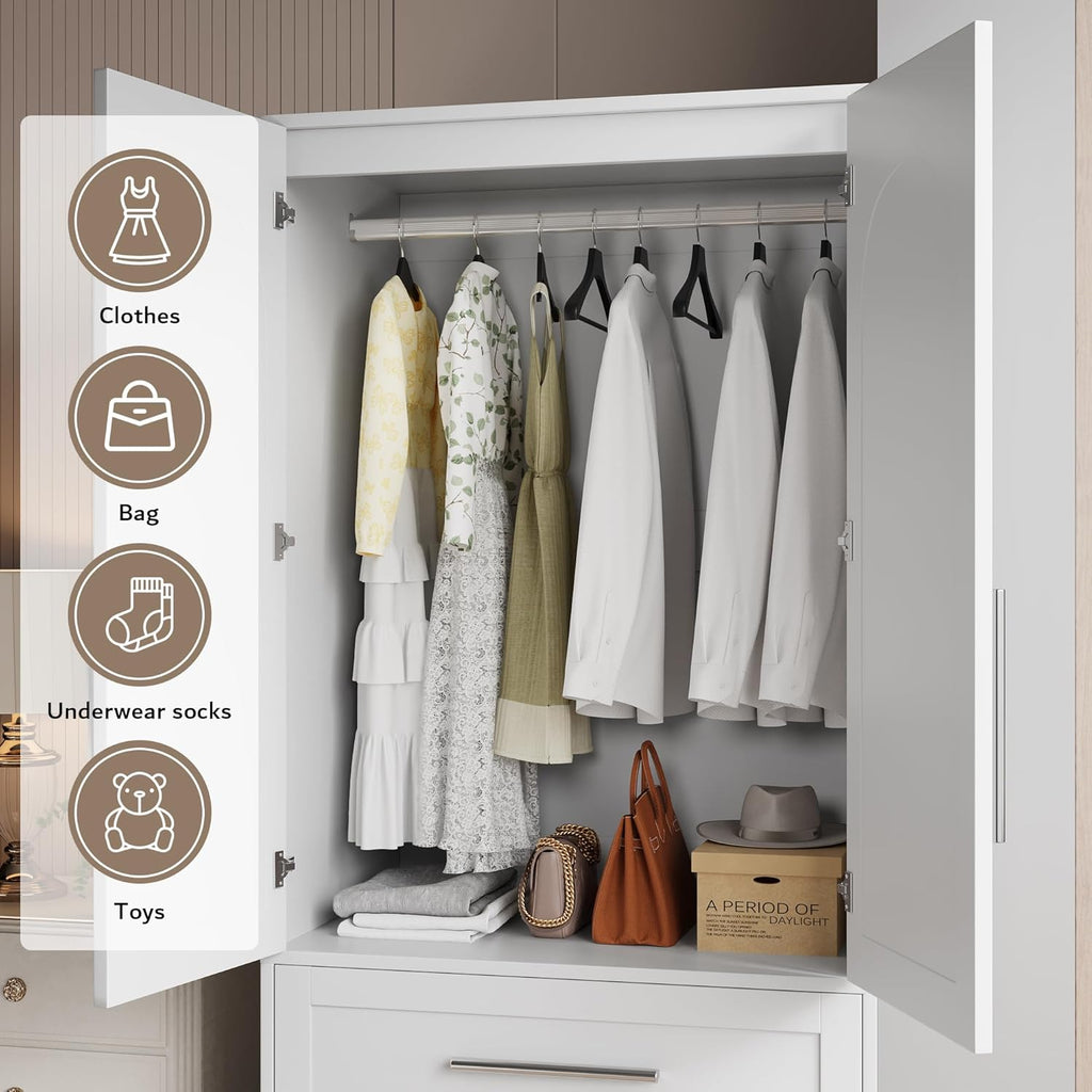 Modern Ipromis armoire wardrobe closet with two drawers and doors for clothing storage in a stylish wooden design.