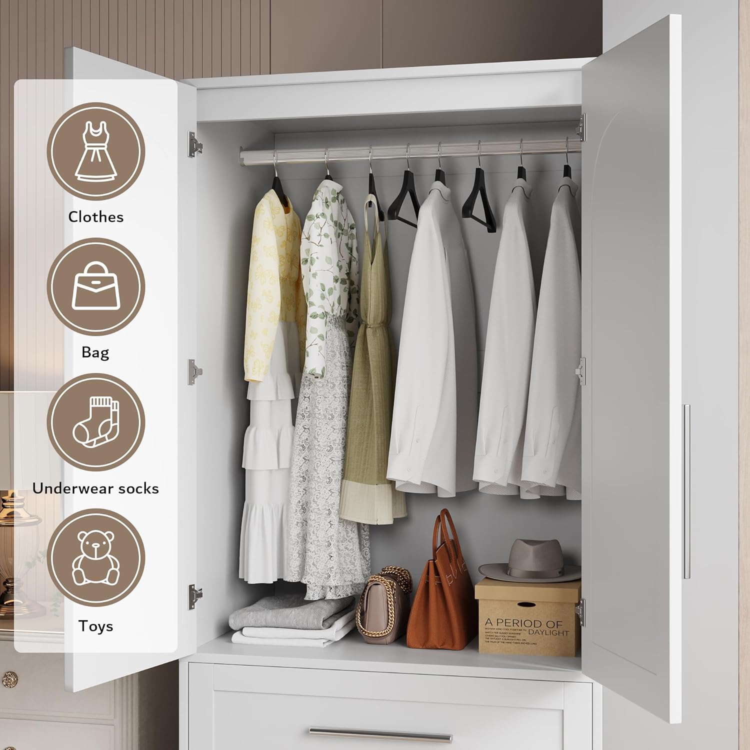Modern Ipromis armoire wardrobe closet with two drawers and doors for clothing storage in a stylish wooden design.