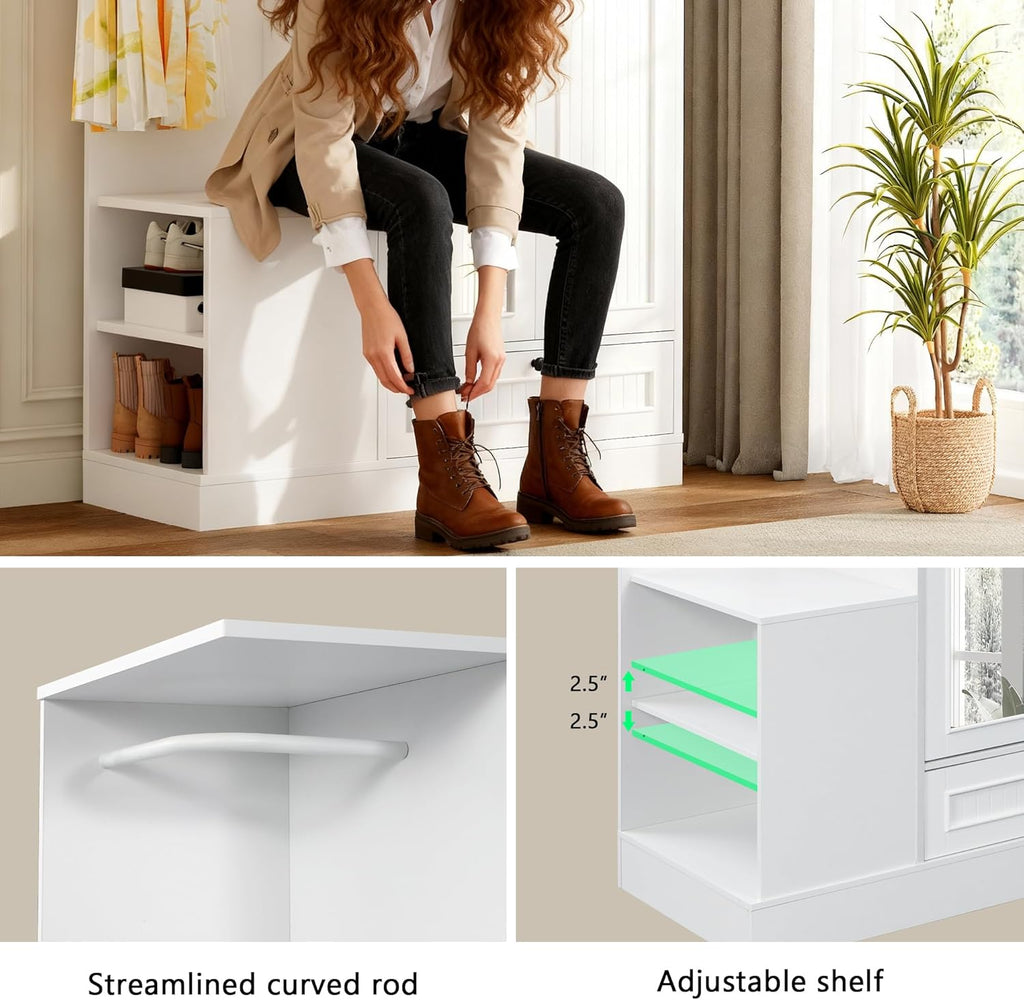 iPormis Armoire Wardrobe Closet with Mirror, Bedroom Armoires with 2 Doors, 1 Drawers and 3 Shelves, Large Clothing Storage Cabinet for Hanging Clothes, White