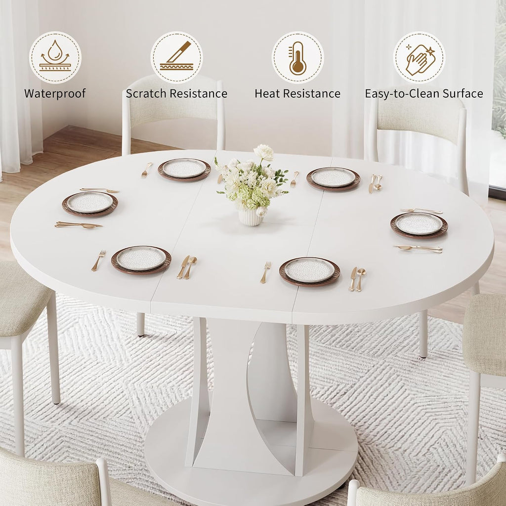 iPormis 43"-59" Extendable Dining Table, Round Kitchen Table with Modern Arcs Pedestal, Oval Dinner Table with Removable Leaves,Hidden Storage, for Kitchen, Dining Room, Living Room, Office, White