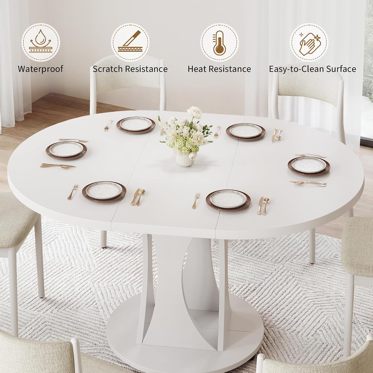 iPormis 43"-59" Extendable Dining Table, Round Kitchen Table with Modern Arcs Pedestal, Oval Dinner Table with Removable Leaves,Hidden Storage, for Kitchen, Dining Room, Living Room, Office, White