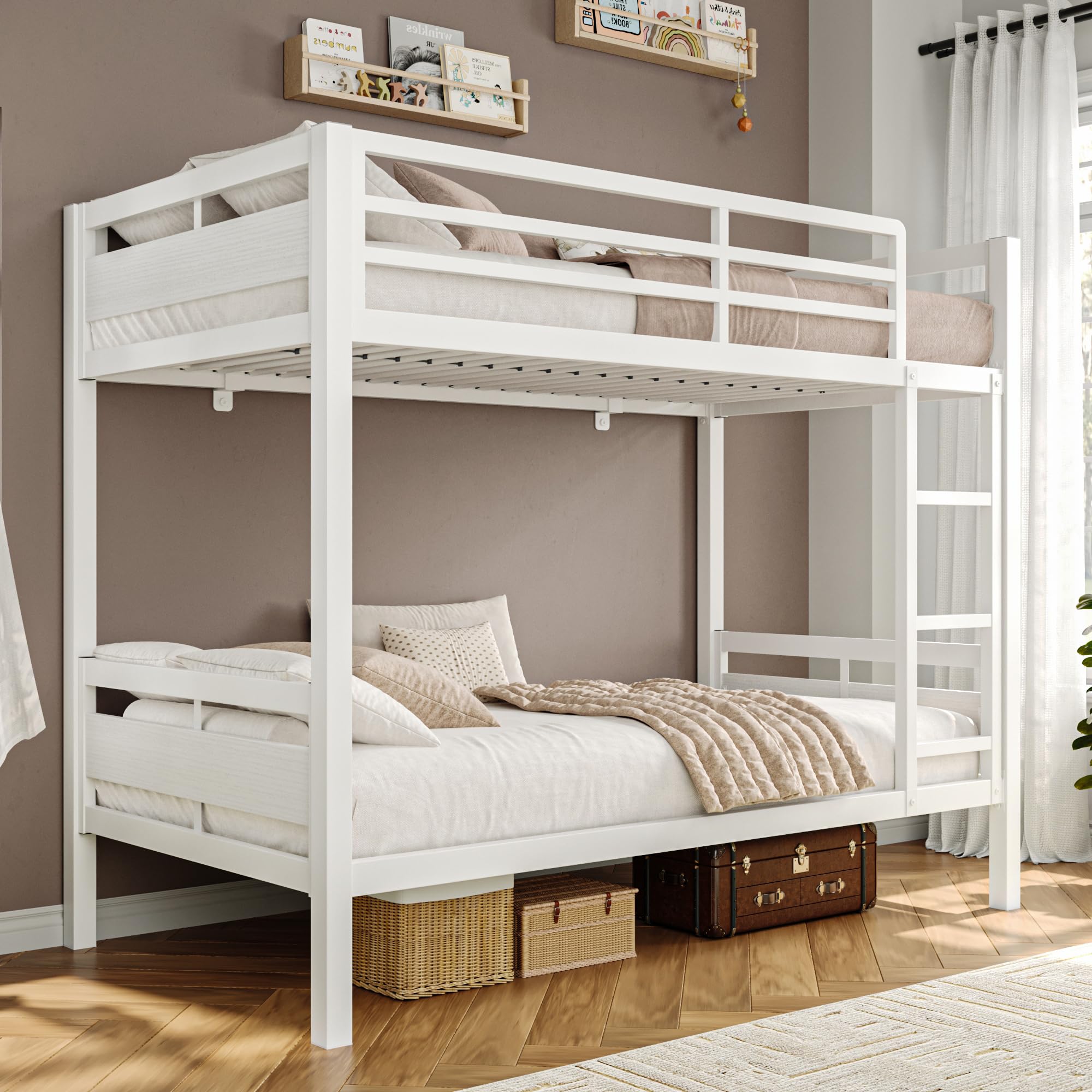 iPormis Metal Bunk Bed Full Over Full, Heavy Duty Bunk with High Guardrail and Safety Entrance Design, Under-Bed Storage Space, Easy Assembly, Noise Free, White