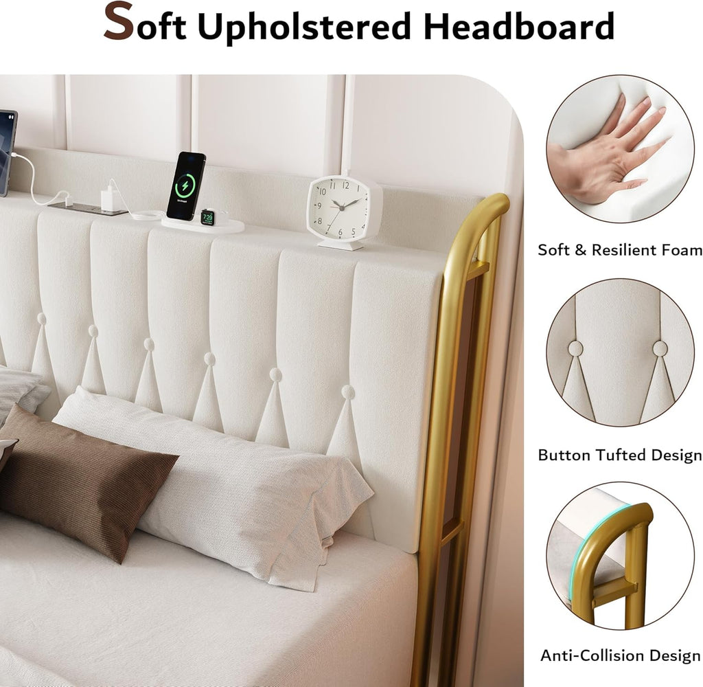 iPormis Metal Bed Frame Queen Size with Charging Station, Velvet Upholstered Headboard and Footboard, Heavy Duty Steel Support, 12" Under Bed Storage, No Box Spring Needed, Easy Assembly, Beige