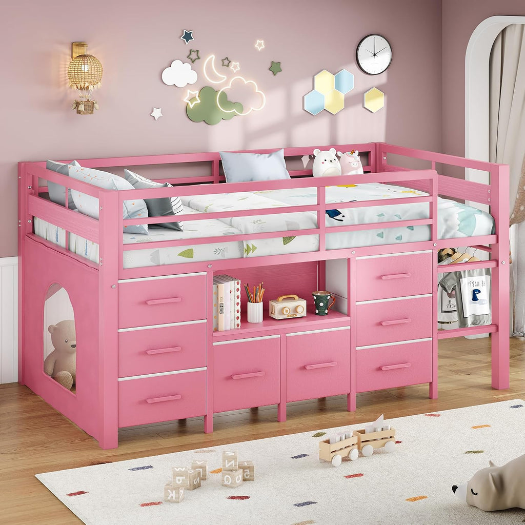 iPormis Low Loft Bed Twin Size with Bookcase, 8 Storage Drawers, Metal Kids Loft Bed with 13 Inch H Safety Guardrail, Play Curtain, Under-Bed Play Space - Pink