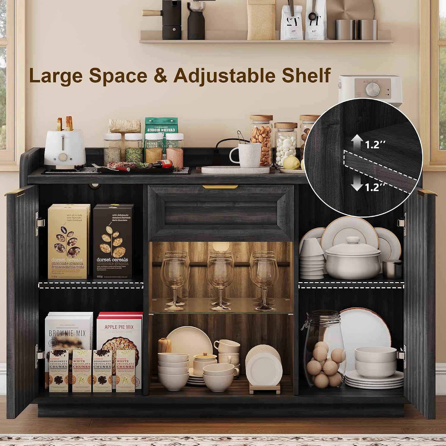 iPormis 47" Buffet Cabinet with LED Lights & Charging Station, Sideboard with Storage, 2 Doors & 1 Drawer, Adjustable Shelves, Modern Farmhouse Coffee Bar for Kitchen,Dining Room,Living Room, Black