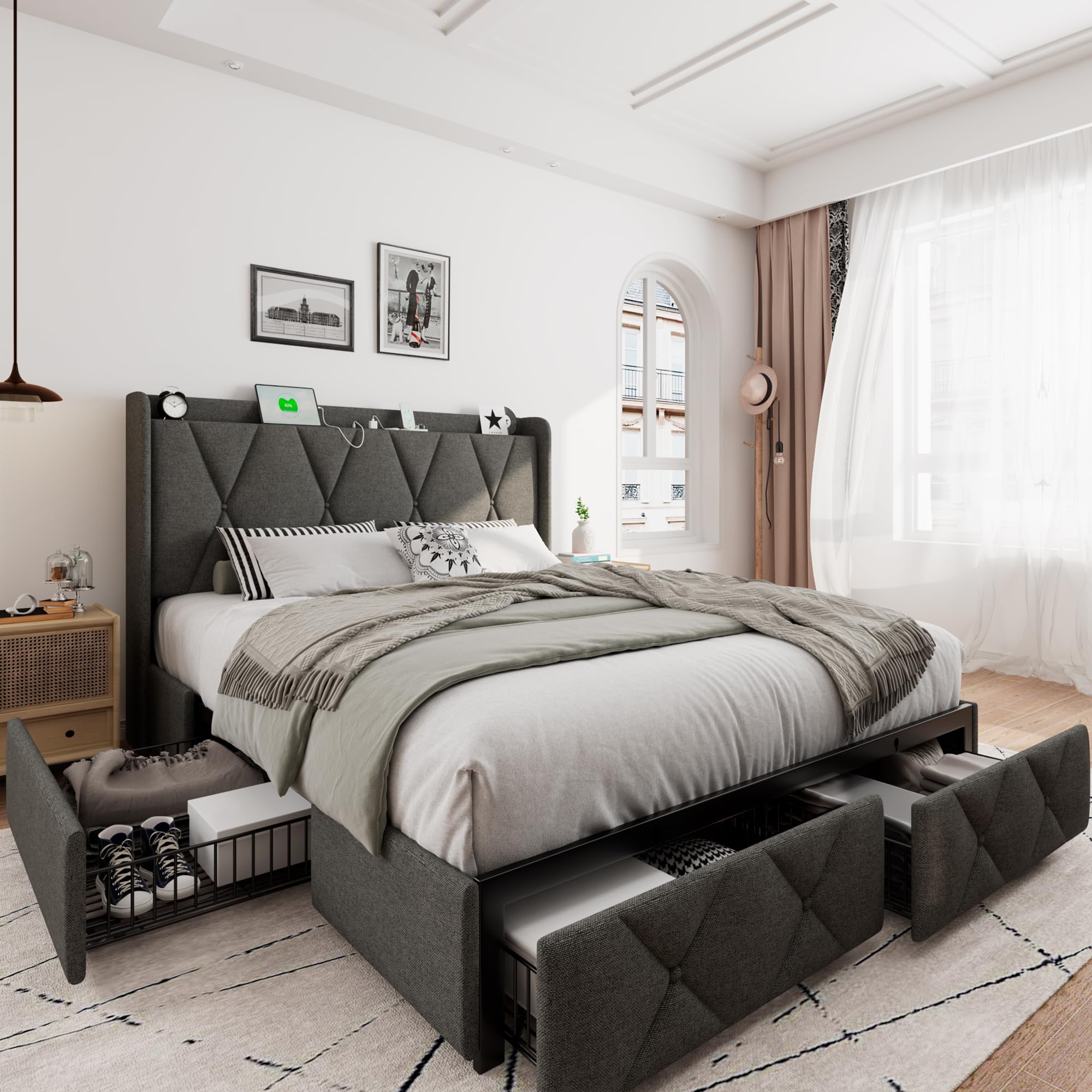 iPormis Queen Bed Frame with 4 Storage Drawers, Upholstered Platform Bed Frame with Charging Station, Modern Wingback Storage Headboard, Easy Assembly, Light Grey