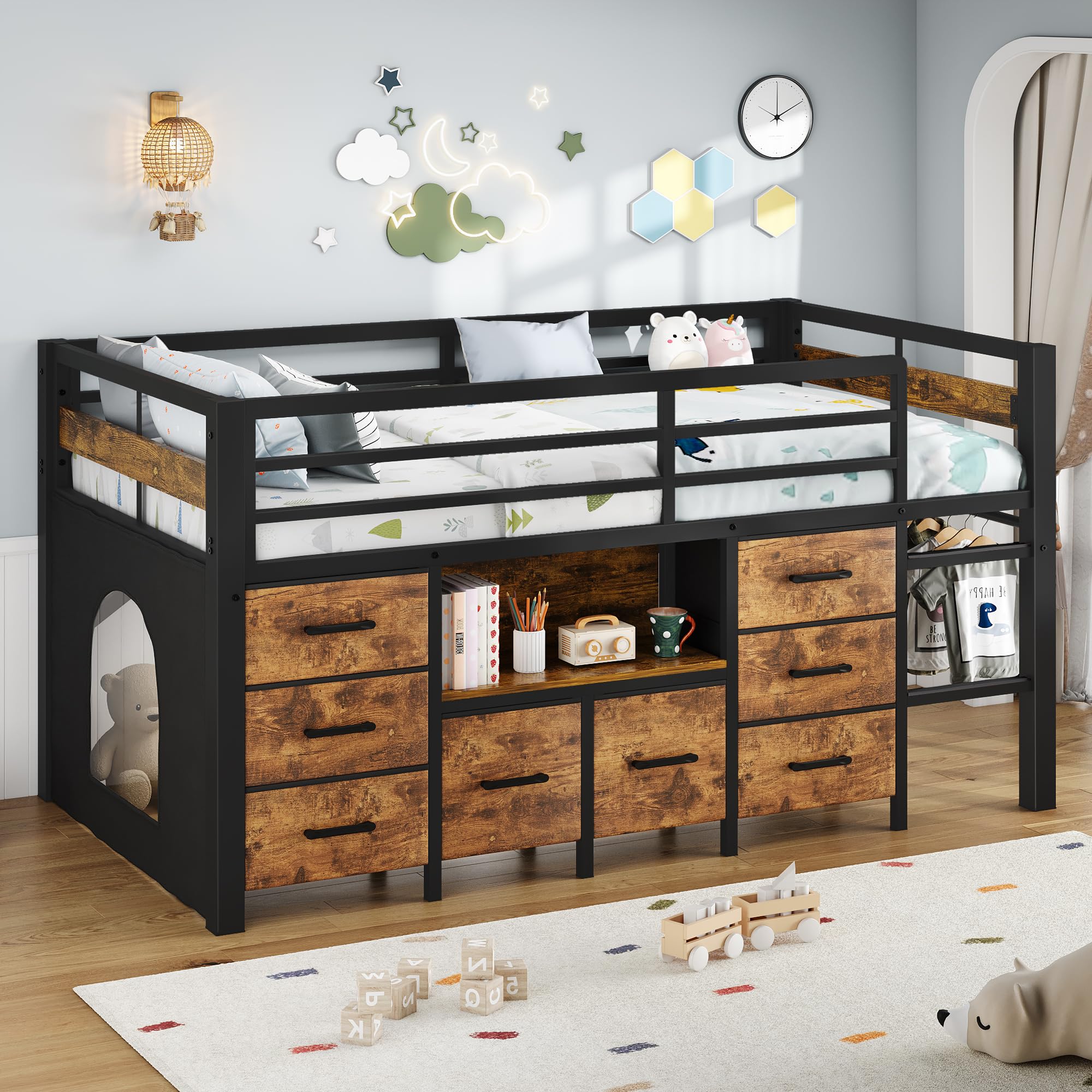 iPormis Low Loft Bed Twin Size with Bookcase, 8 Storage Drawers, Metal Kids Loft Bed with 13 Inch H Safety Guardrail, Play Curtain, Under-Bed Play Space - Pink