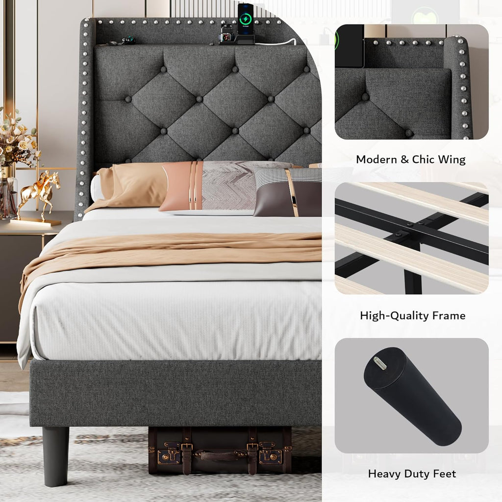 iPormis Queen Bed Frame with 16" Comfort Wingback & Charging Station, Upholstered Platform Bed with Button Tufted Storage Headboard, Solid Wood Slats Support, No Box Spring Needed, Dark Grey