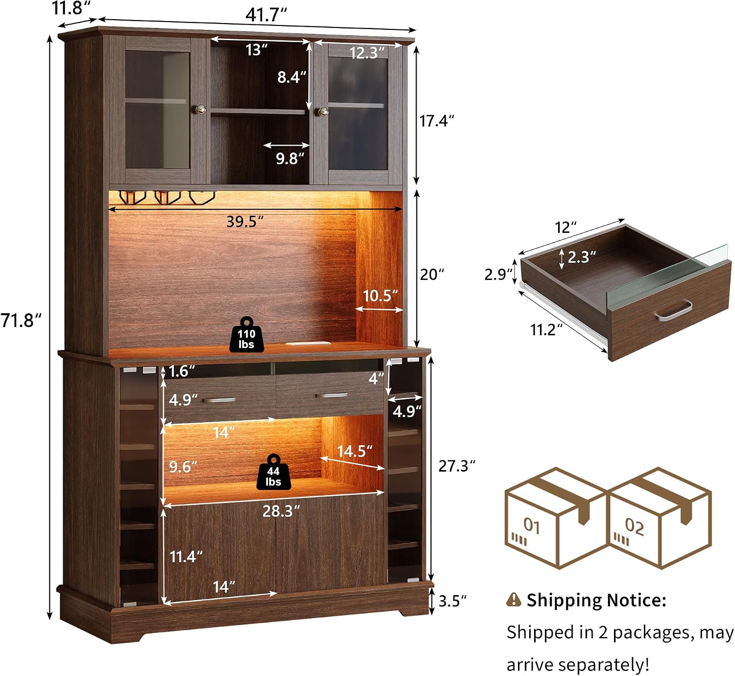 iPormis Bar Cabinet, 71'' Tall Coffee Bar Cabinet with Charging Station and LED Lights, Wine Cabinet with Storage, Wine Rack and Glass Holder, Liquor Cabinet for Home, Dark Walnut