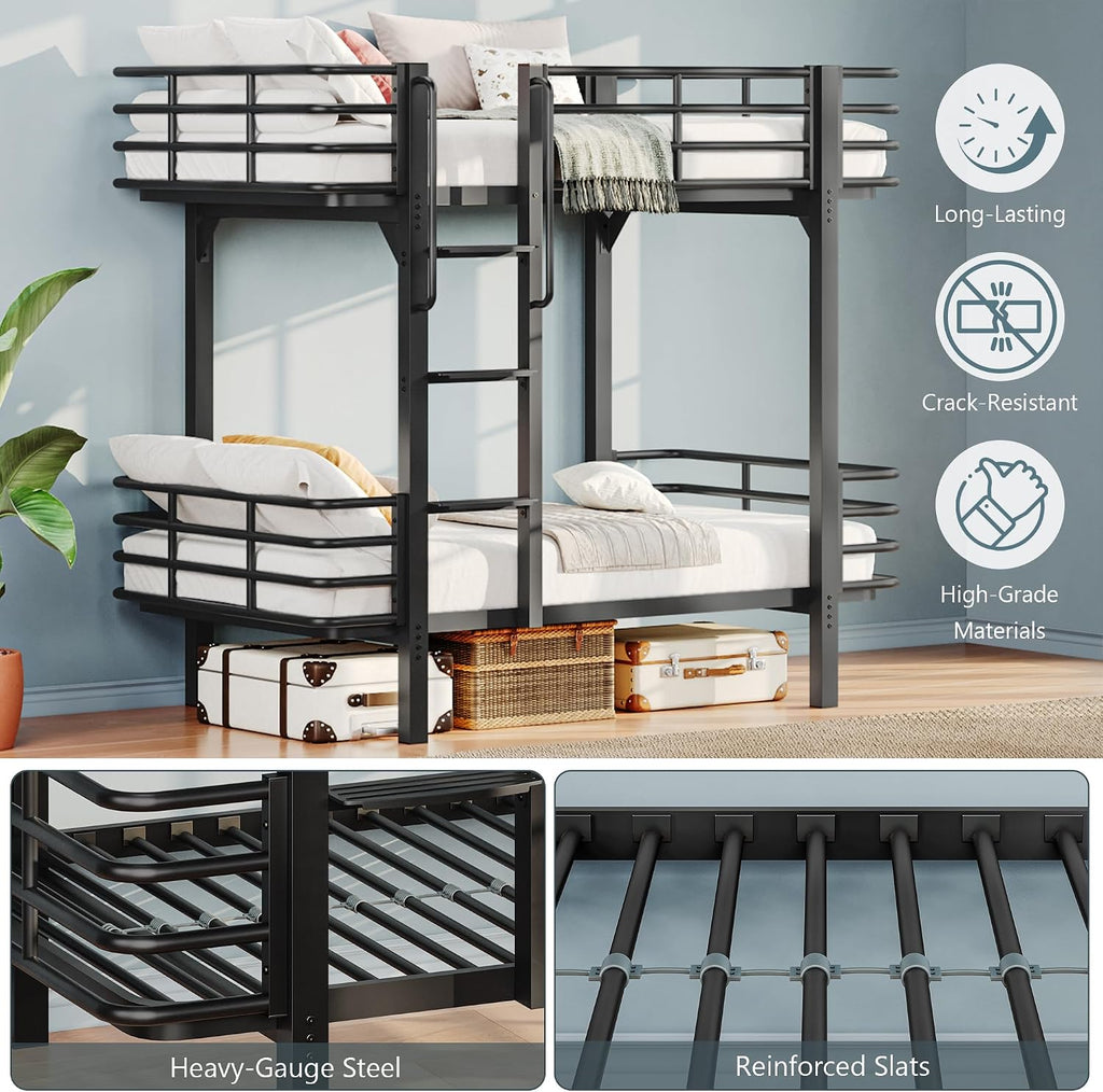 iPormis Metal Bunk Bed Twin Over Twin, Heavy Duty Bunk with High Guardrail and Ladder with Built-in Handrails & Wide Steps, Under-Bed Storage Space, Easy Assembly, Noise Free, Black