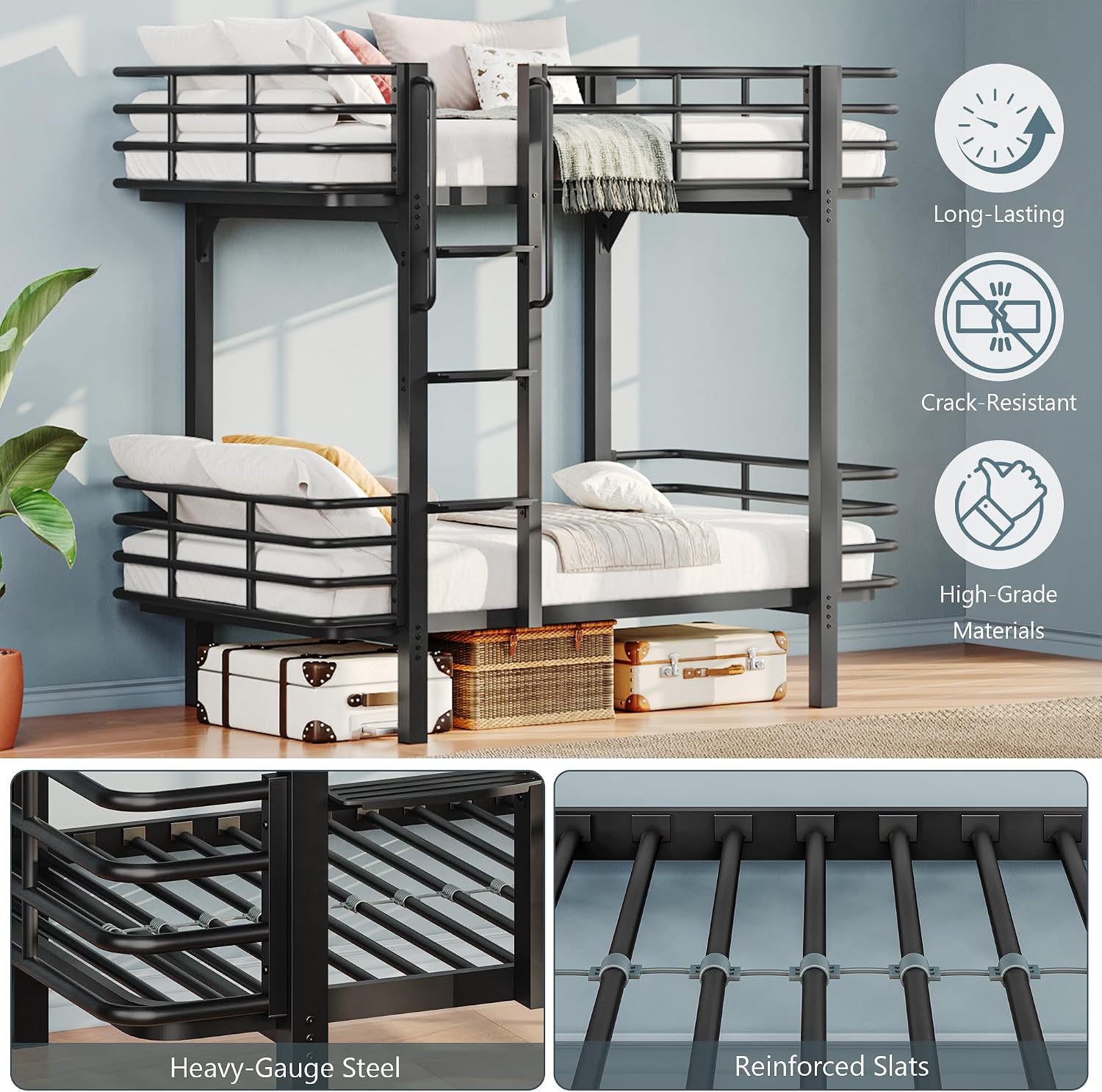iPormis Metal Bunk Bed Twin Over Twin, Heavy Duty Bunk with High Guardrail and Ladder with Built-in Handrails & Wide Steps, Under-Bed Storage Space, Easy Assembly, Noise Free, Black