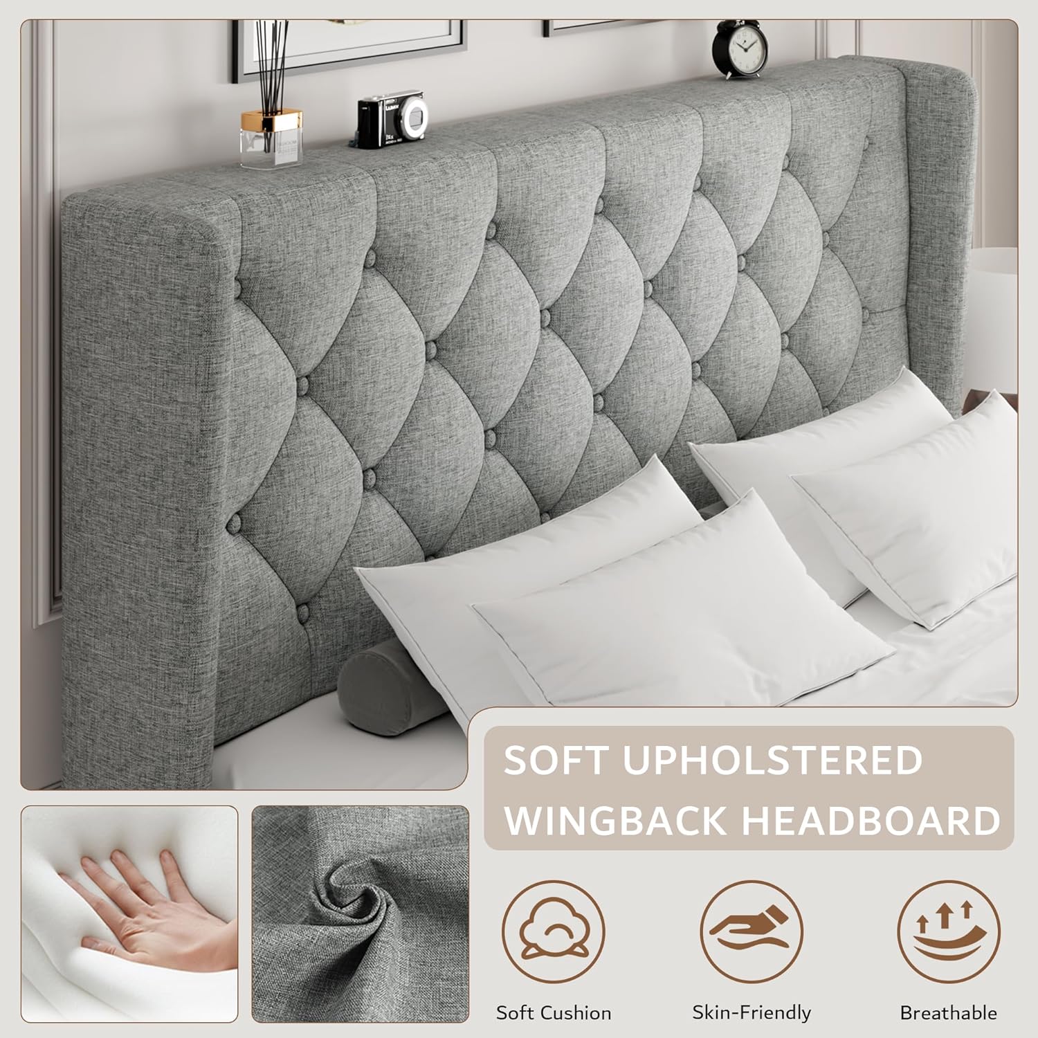 iPormis Queen Size Platform Bed Frame with Button Tufted Headboard, Upholstered Bed Frame with Solid Wooden Slats, 8" Underbed Space, No Box Spring Needed, Noise Free, Easy Assembly, Light Gray