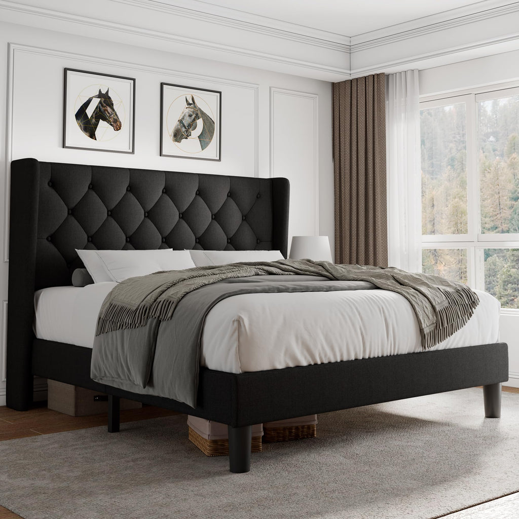 iPormis Queen Size Platform Bed Frame with Button Tufted Headboard, Upholstered Bed Frame with Solid Wooden Slats, 8" Underbed Space, No Box Spring Needed, Noise Free, Easy Assembly, Light Gray