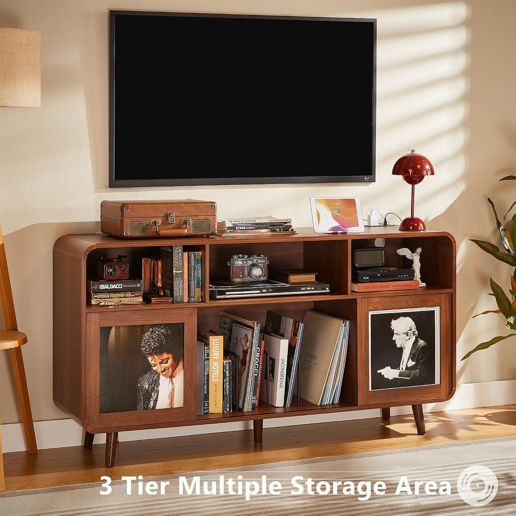 iPormis 56.1" Large Record Player Stand, Record Storage Cabinet with Charging Station, Mid Century Vinyl Player Stand, Adjustable Shelf, Media Cabinet with Sliding Doors for Music&Living Room, Walnut