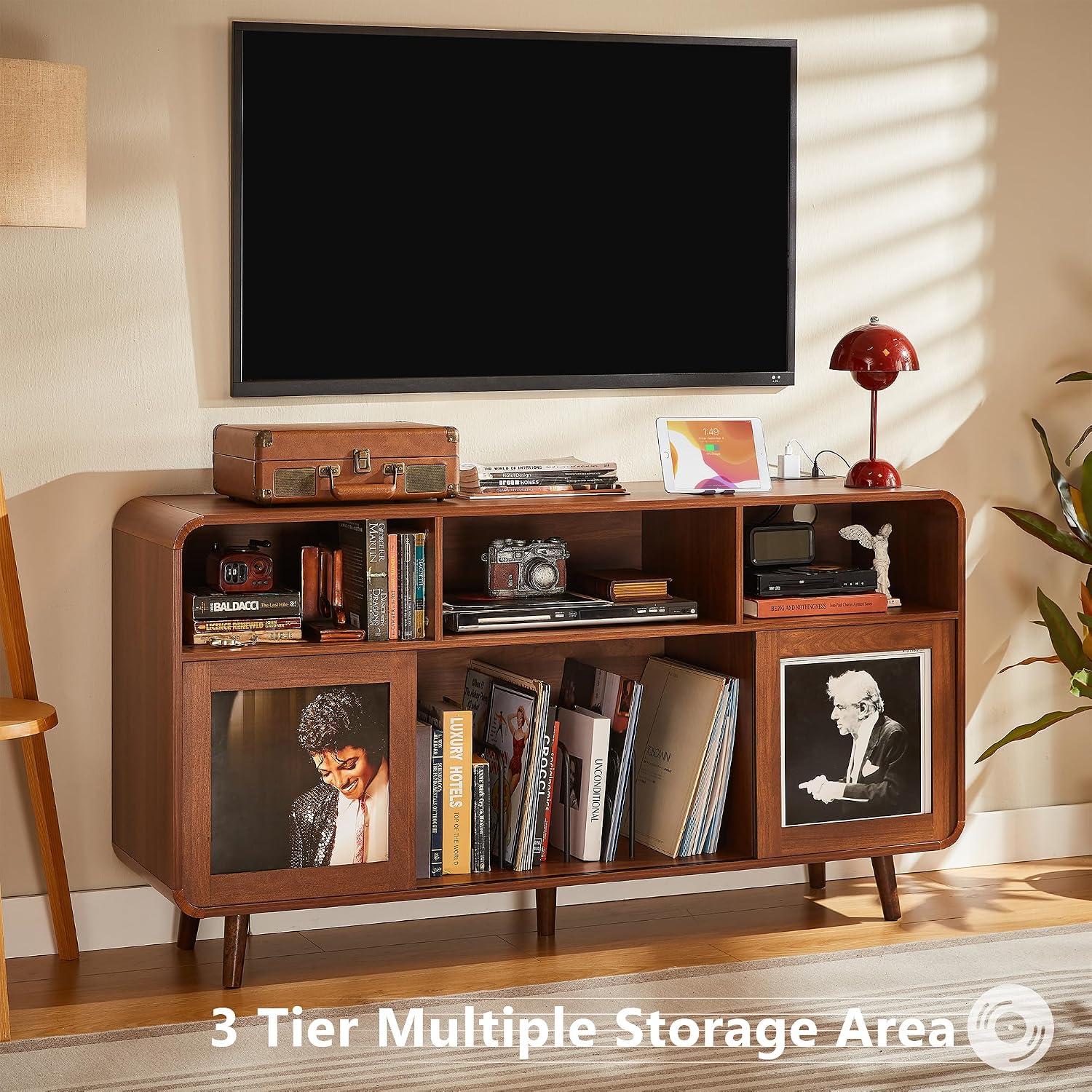 iPormis 56.1" Large Record Player Stand, Record Storage Cabinet with Charging Station, Mid Century Vinyl Player Stand, Adjustable Shelf, Media Cabinet with Sliding Doors for Music&Living Room, Walnut