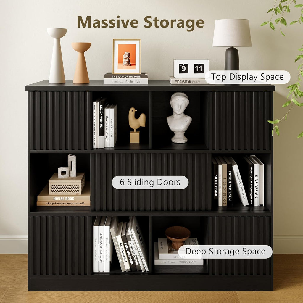 iPormis Bookcase 12 Cube Storage Organizer - 6 Fluted Sliding Doors, 3-Tier Wooden Bookshelf, 47.2” Freestanding Bookcase Shelf for Home/Office, Semi-Open Bookshelves, Black