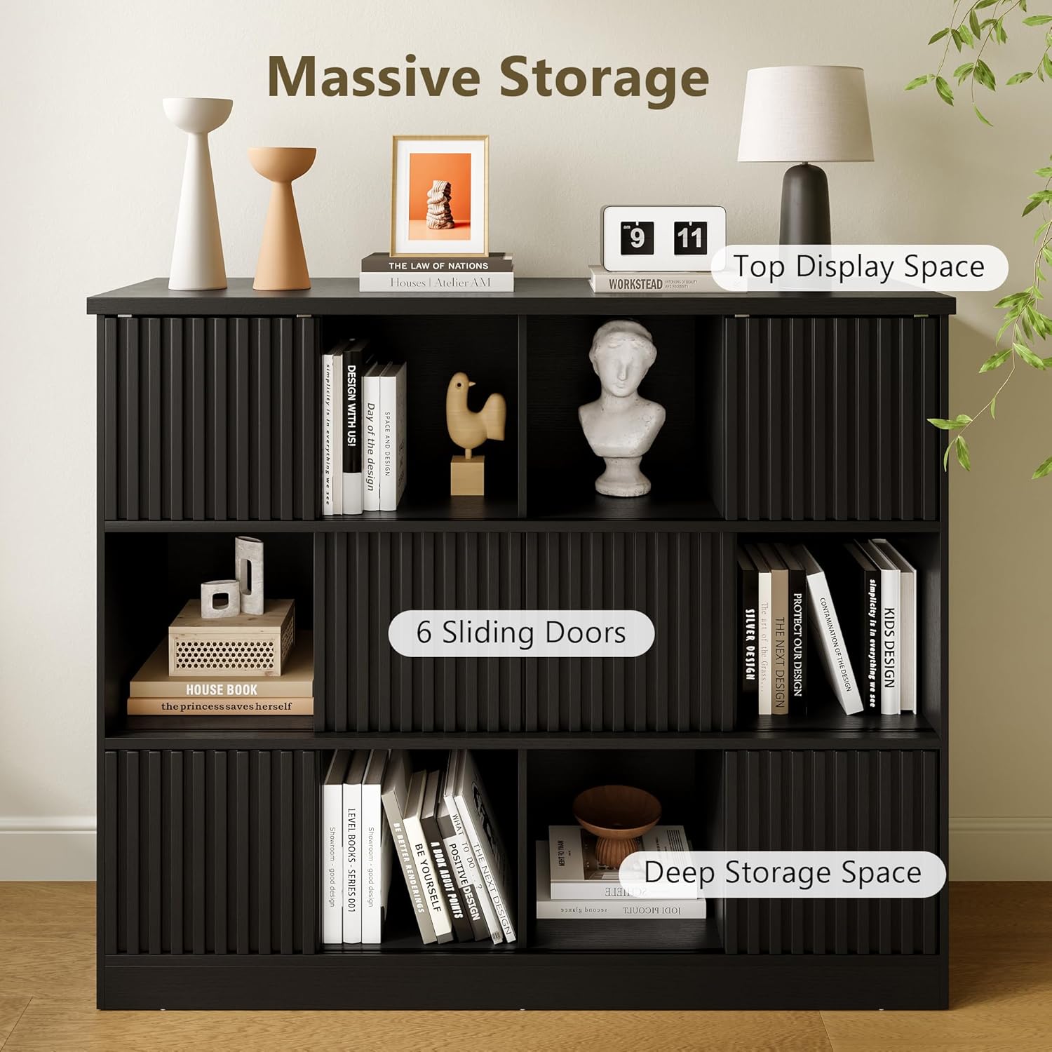 iPormis Bookcase 12 Cube Storage Organizer - 6 Fluted Sliding Doors, 3-Tier Wooden Bookshelf, 47.2” Freestanding Bookcase Shelf for Home/Office, Semi-Open Bookshelves, Black