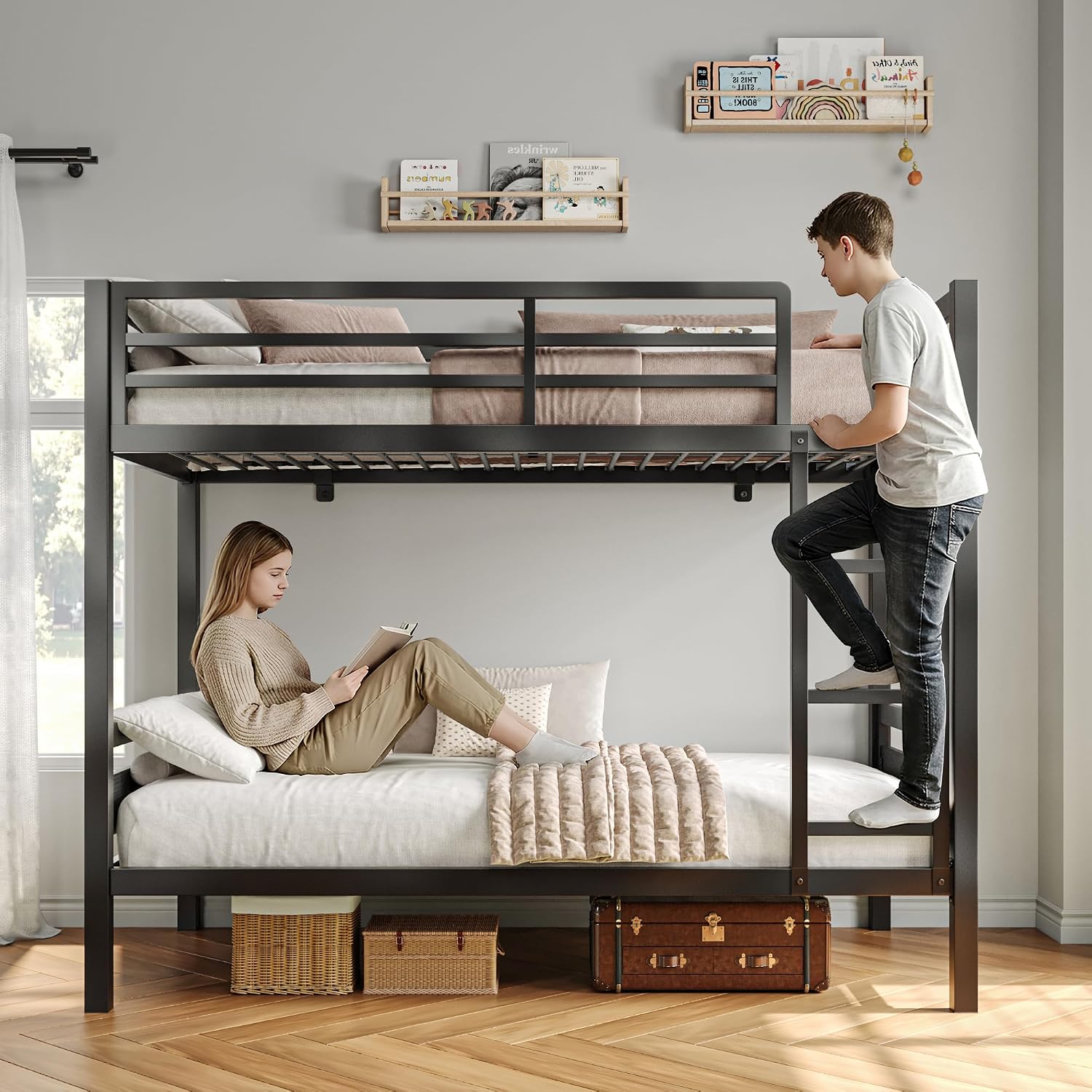 iPormis Metal Bunk Bed Twin Over Twin, Heavy Duty Bunk with High Guardrail and Safety Entrance Design, Under-Bed Storage Space, Easy Assembly, Noise Free, Black