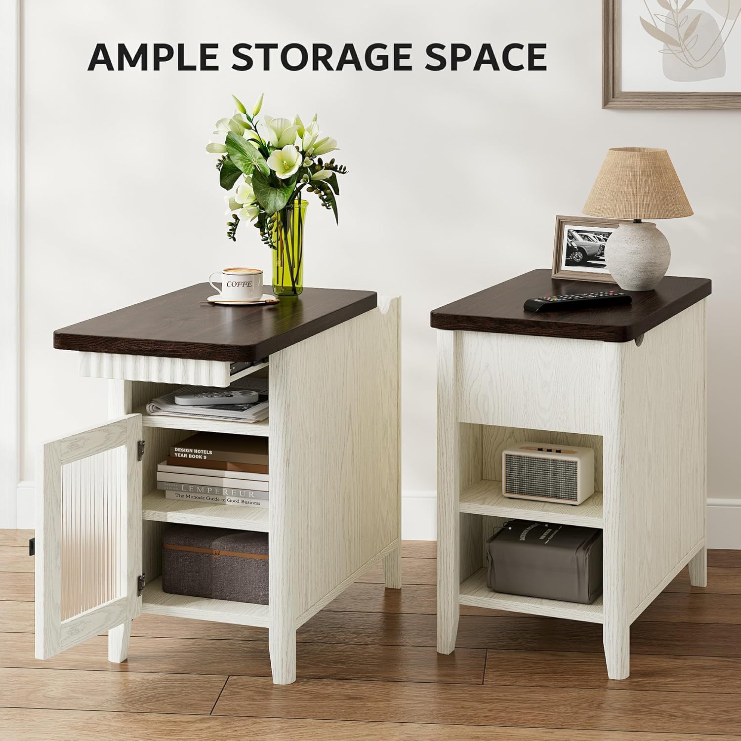 iPormis End Table with Charging Station, Narrow Side Table for Living Room, Farmhouse Night Stand with Storage Cabinet, Wood Bedside Table for Bedroom Small Space, White