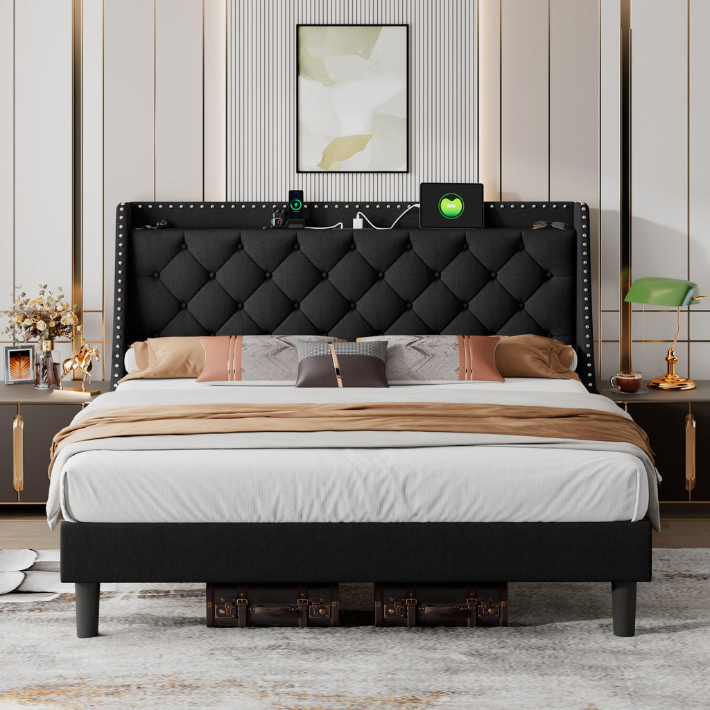 iPormis Queen Bed Frame with 16" Comfort Wingback & Charging Station, Upholstered Platform Bed with Button Tufted Storage Headboard, Solid Wood Slats Support, No Box Spring Needed, Dark Grey