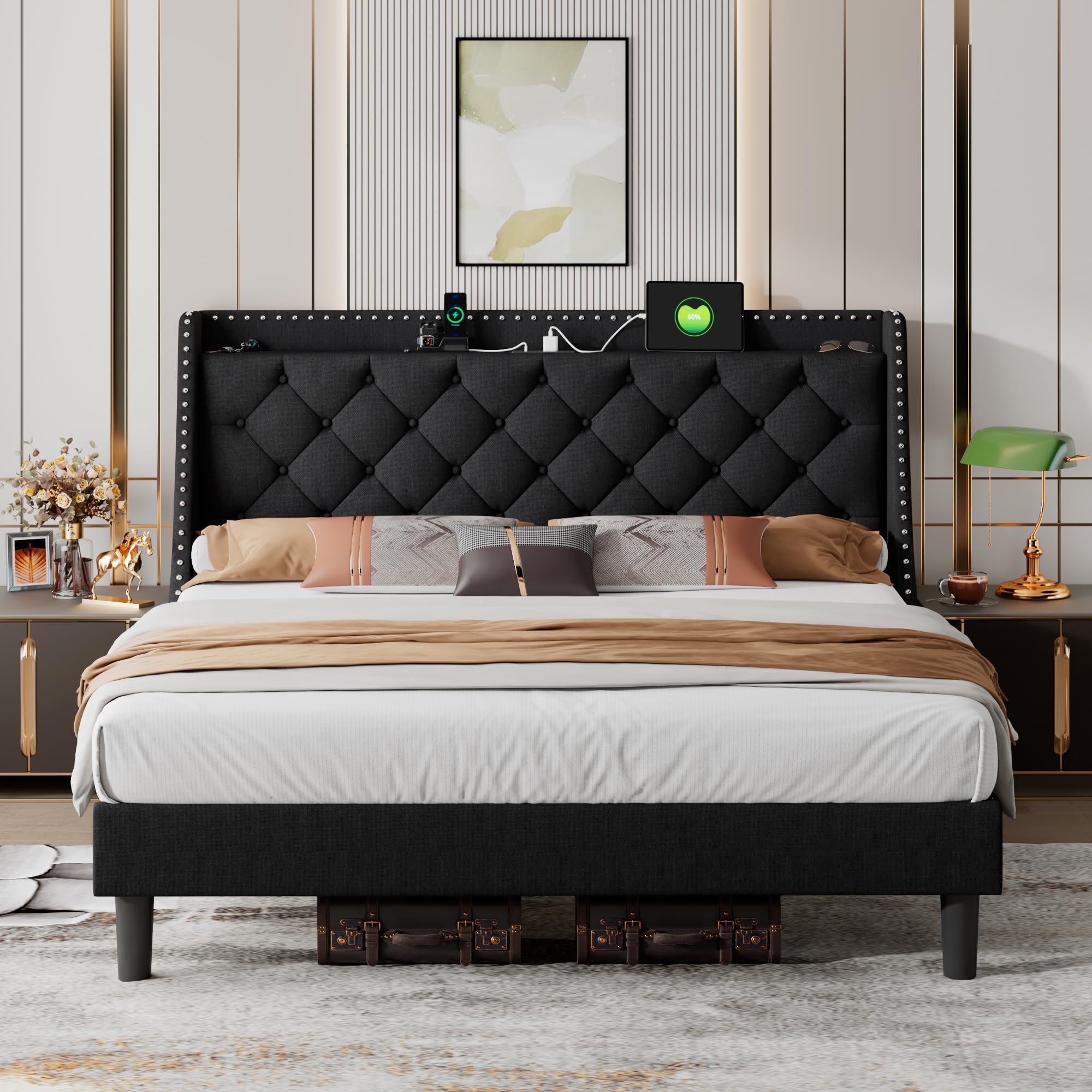 iPormis Queen Bed Frame with 16" Comfort Wingback & Charging Station, Upholstered Platform Bed with Button Tufted Storage Headboard, Solid Wood Slats Support, No Box Spring Needed, Dark Grey