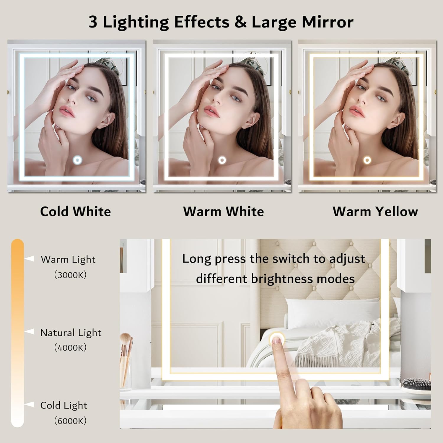 iPormis Vanity Desk with Mirror and Lights, Glass Top Makeup Vanity with RGB Light and Power Outlet, Dressing Table Mirror with 3 Lighting Colors, 7 Drawers, 3 Cabinets, White Vanity for Bedroom