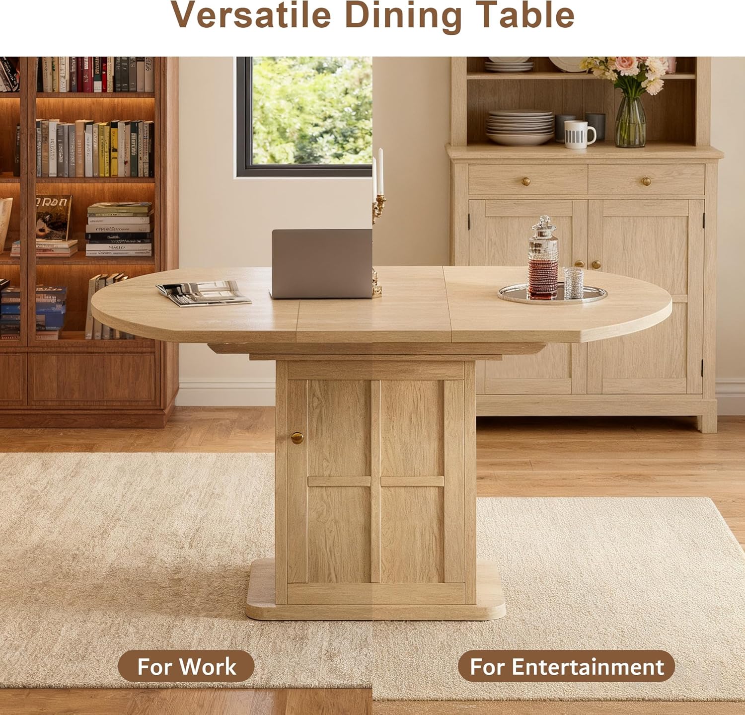 iPormis Extendable Round Dining Table for 4-6, 59'' Modern Kitchen Table with 2-Tier Storage Shelf, Wood Door, MDF Board, Space Saving Oval Dinner with Sturdy Pedestal Base, Kitchen, Dining, Natural