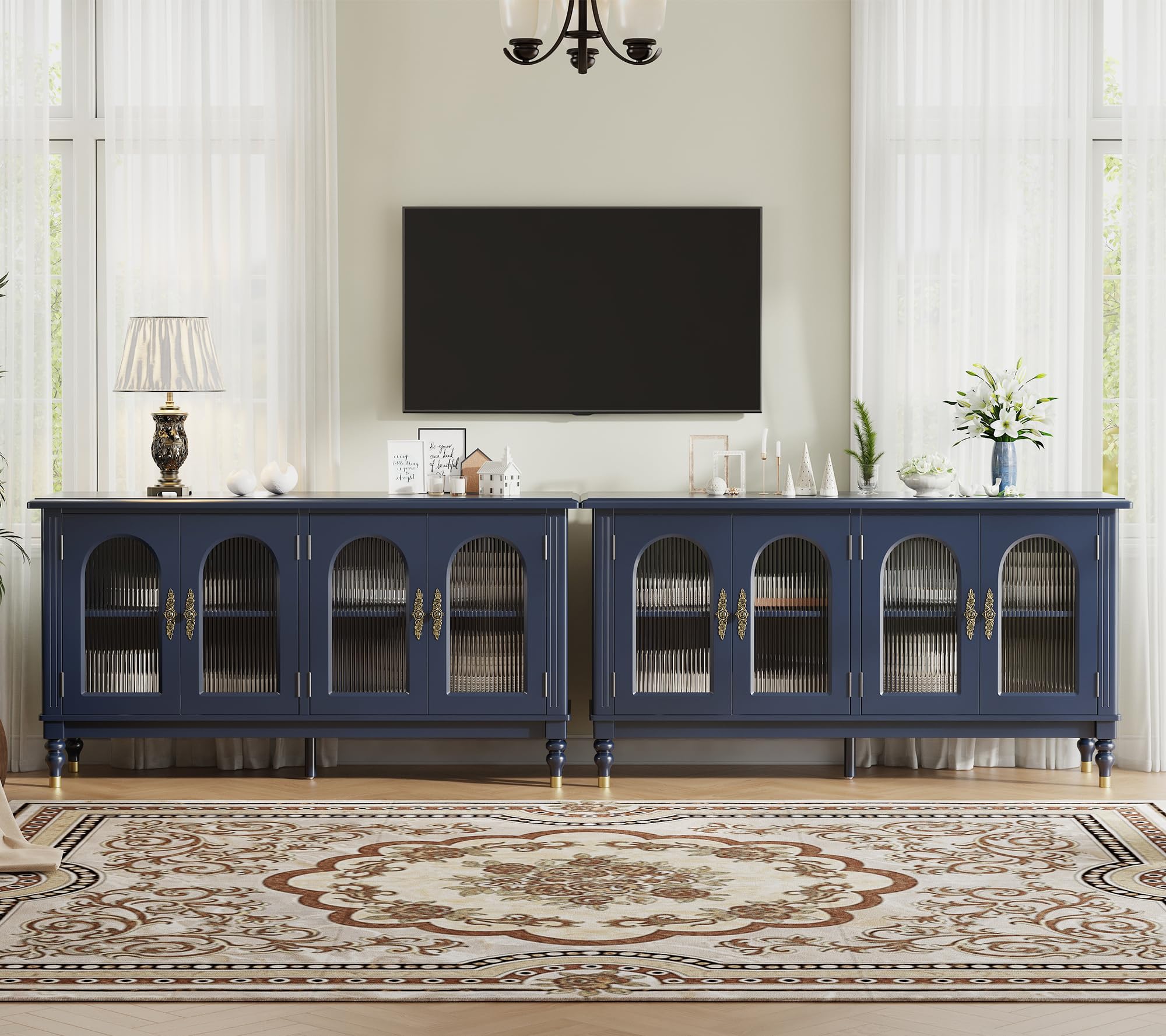 iPormis Fluted Arched Buffet Cabinet with Storage, 59" Modern Sideboard with Glass Door & Adjustable Shelves, Mid Century Modern Solid Wood Credenza Accent Cabinet for Living Room, Entryway, Black