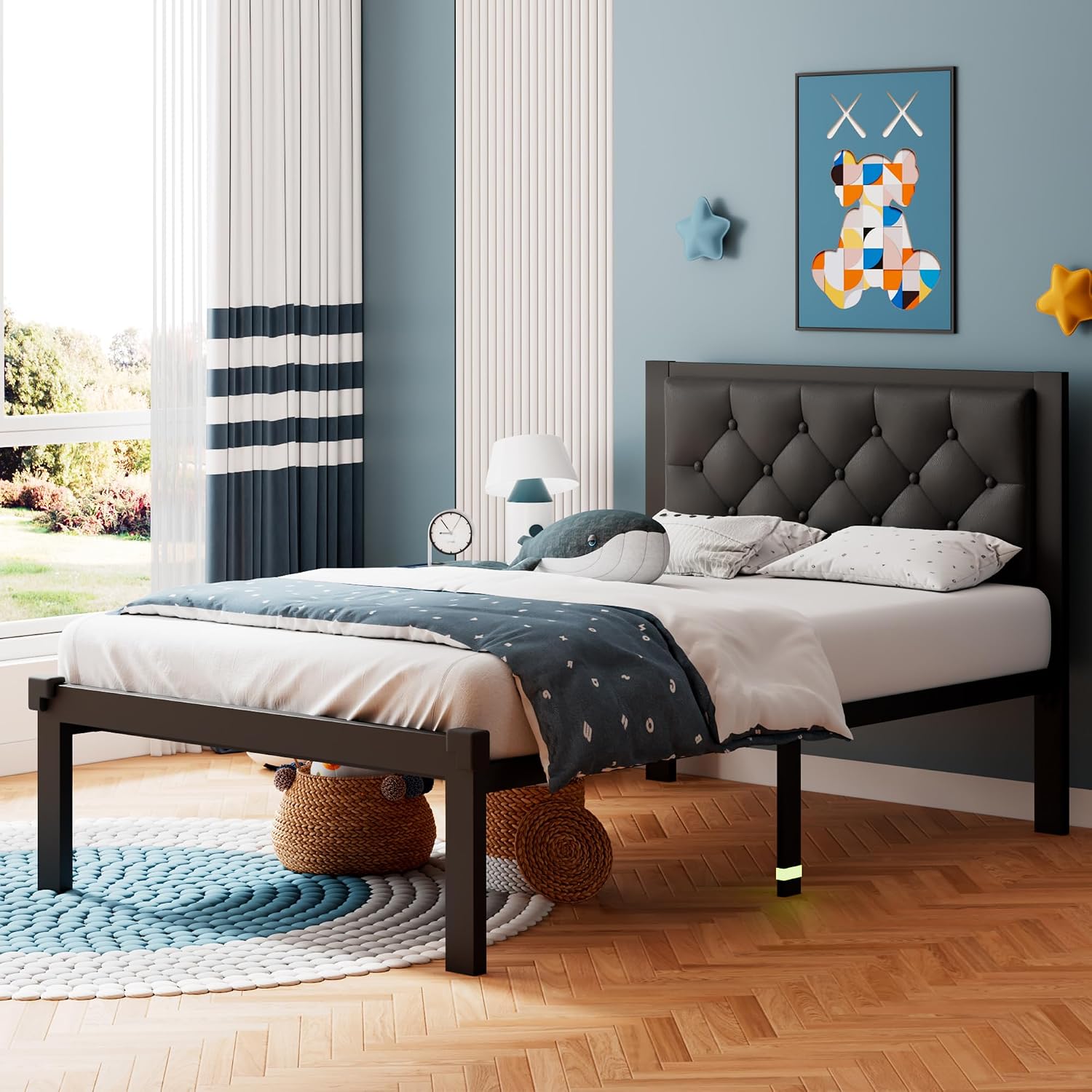 iPormis Twin Size Metal Bed Frame, Faux Leather Platform Bed Frame with Button Tufted Headboard, 12" Underbed Space, Steel Slats Support, Easy Assembly, No Box Spring Needed, Black