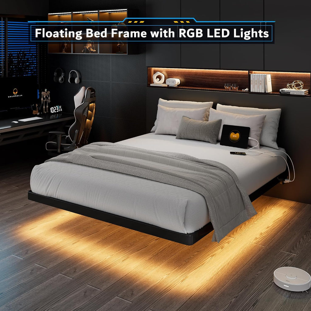 iPormis Full Size Floating Bed Frame with Charging Station and Led Light, Platform Metal Bed Frame with Heavy Duty Steel Slats Support, No Box Spring Needed, Noise-Free, Easy Assembly, Black