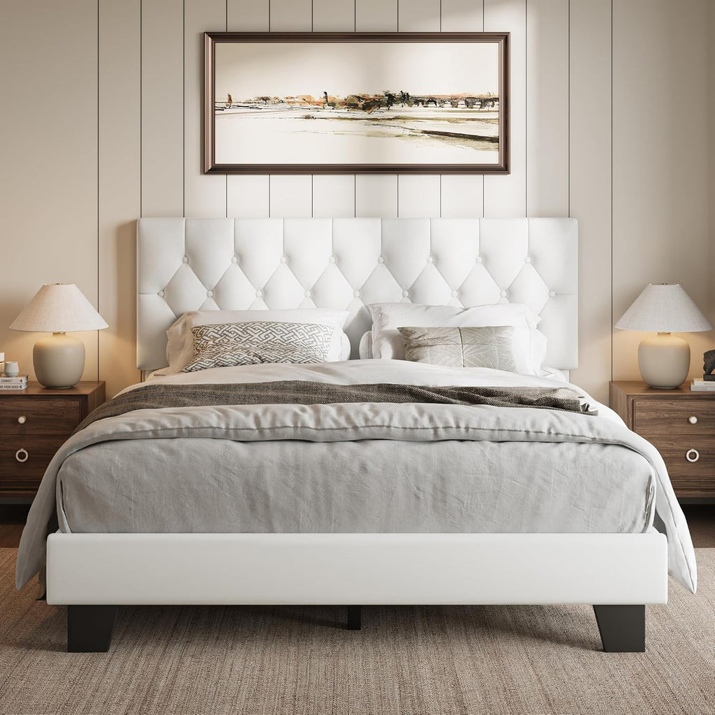 iPormis Upholstered Queen Size Bed Frame with Button Tufted Headboard, Velvet Platform Bed with Thickened Support Legs, Noise-Free/No Box Spring Needed/Easy Assembly, White