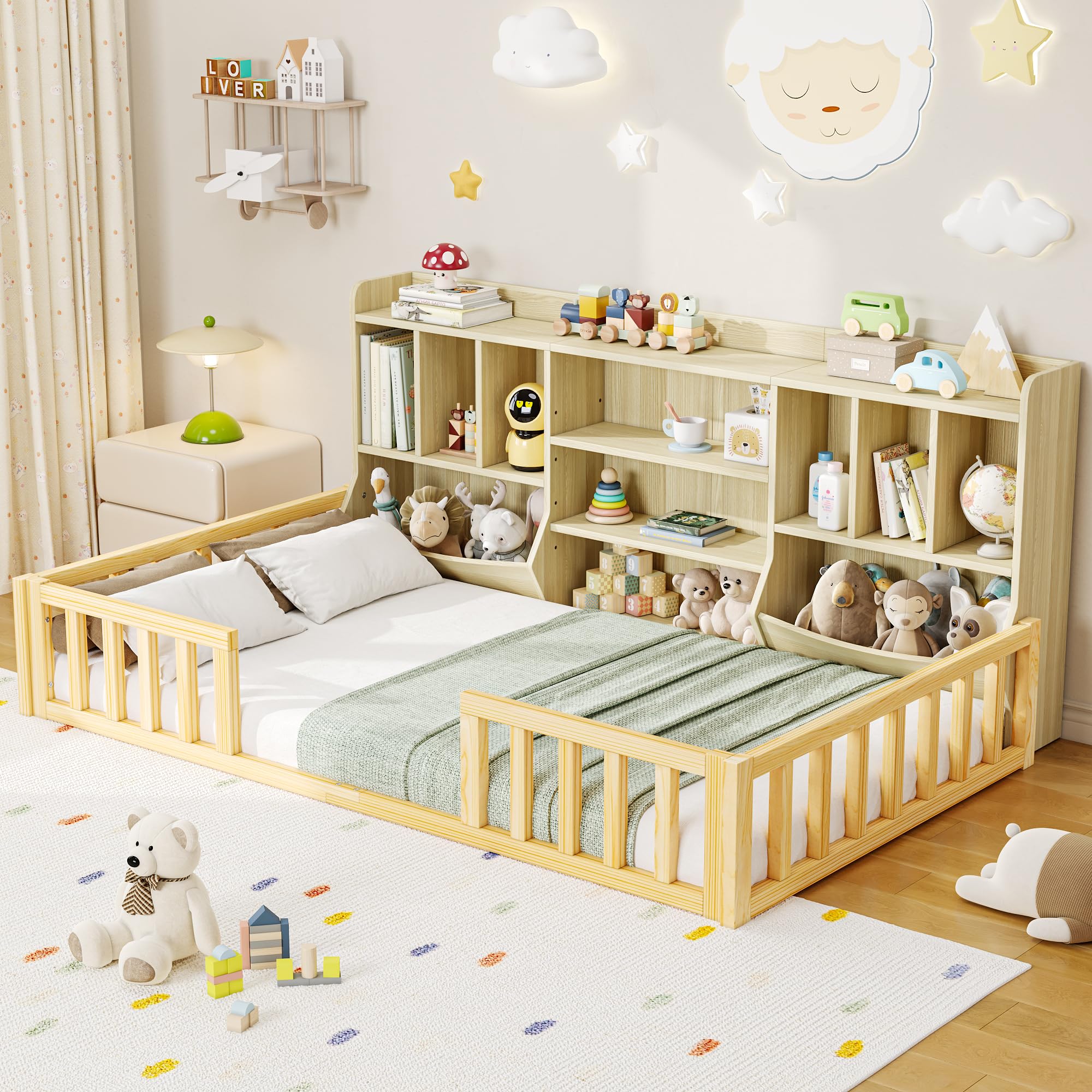 iPormis Twin Floor Bed with High Rails, Montessori Bed Frame with Wood Slats and Door, Montessori Floor Bed Twin for Kids, Girls, Boys, Easy Assembly, Natural