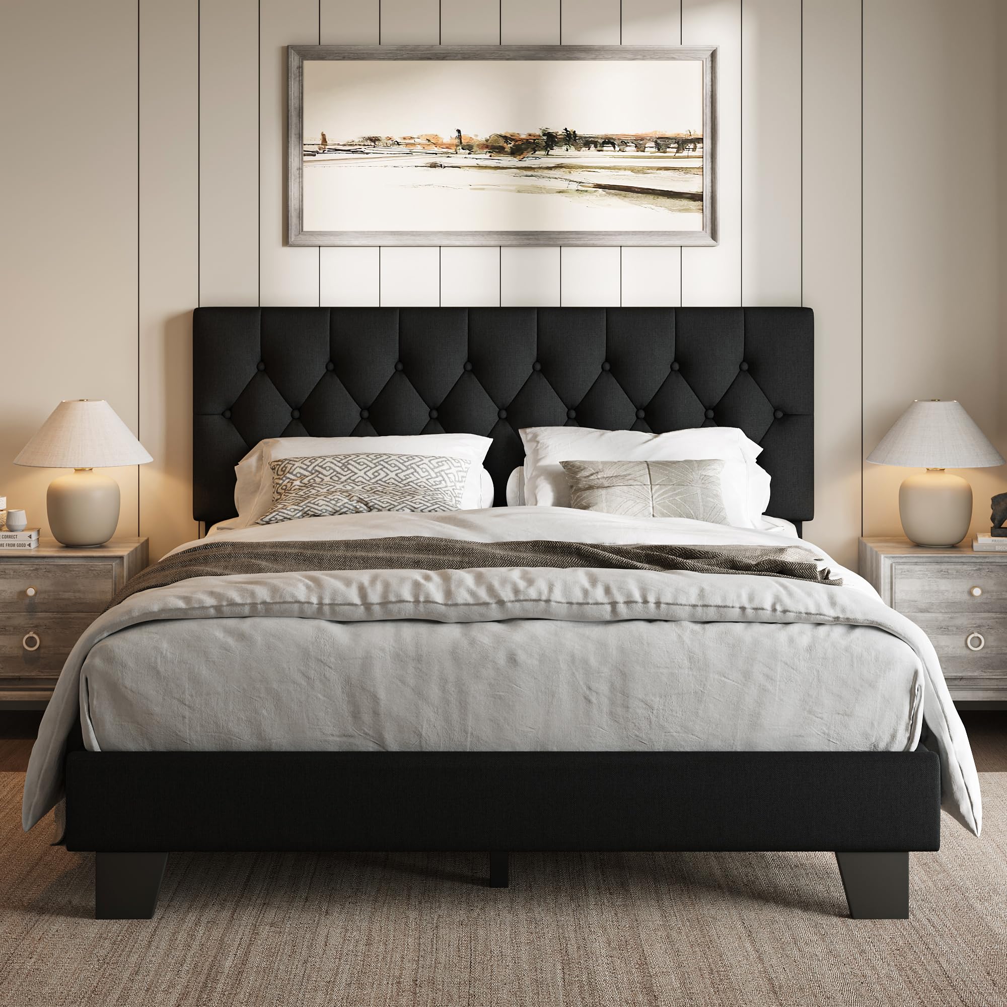 iPormis Upholstered Queen Size Bed Frame with Button Tufted Headboard, Velvet Platform Bed with Thickened Support Legs, Noise-Free/No Box Spring Needed/Easy Assembly, White